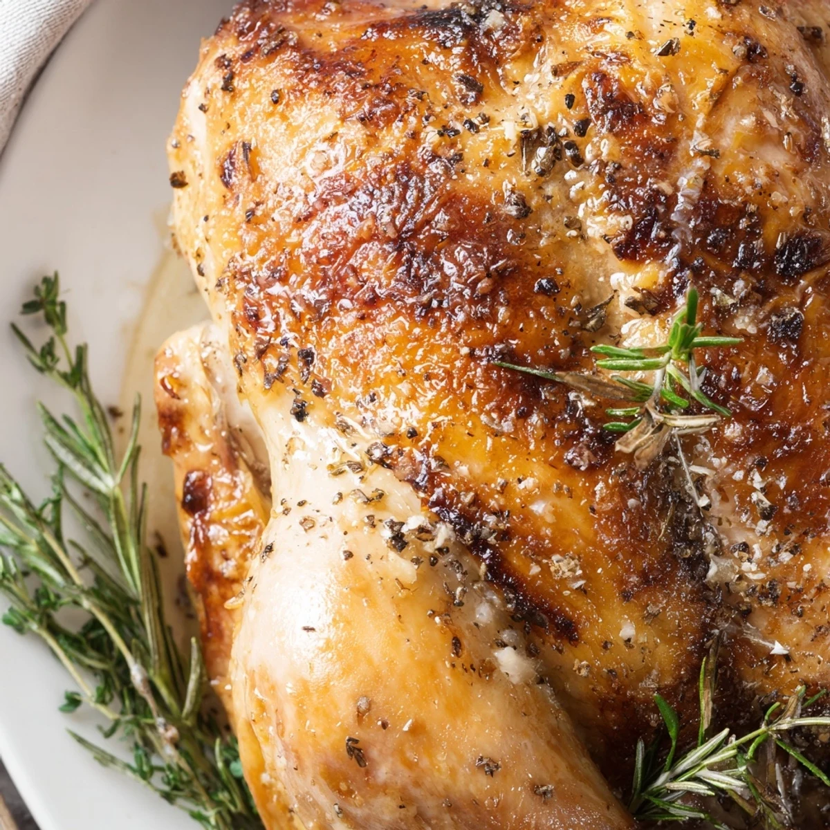A freshly carved garlic roast chicken served on a white platter with roasted carrots and onions, surrounded by fresh rosemary sprigs.