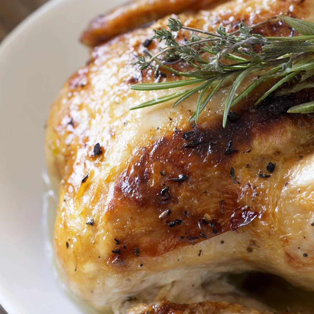 Close-up of a whole roasted chicken with garlic cloves, highlighting the juicy white meat and glistening herb butter coating.  