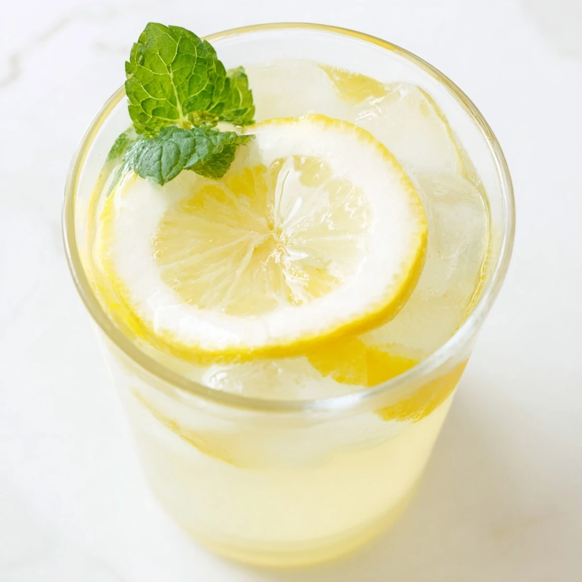 Crystal clear glass pitcher filled with Homemade Lemonade with Sugar, garnished with fresh lemon slices and mint sprigs.