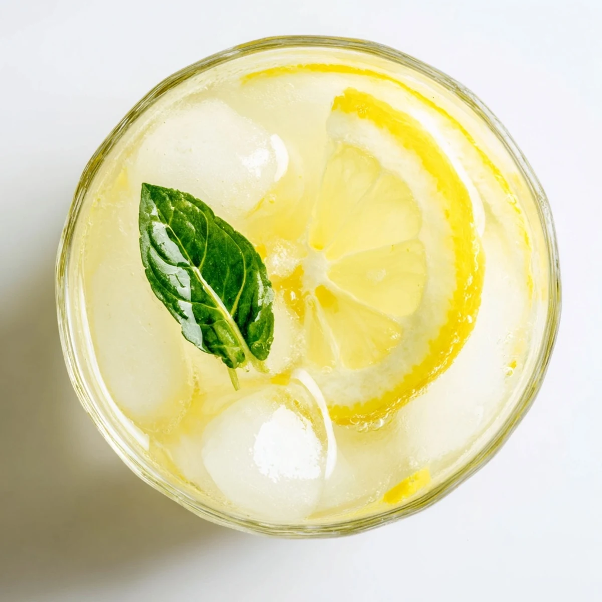 Homemade Lemonade with Sugar in a tall glass with ice, fresh lemon slices and mint leaves, ready to serve.