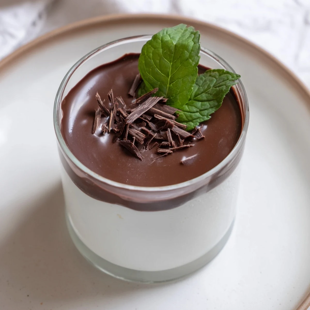 Deep dark chocolate ganache glistens atop smooth peppermint cream in a clear dessert glass.