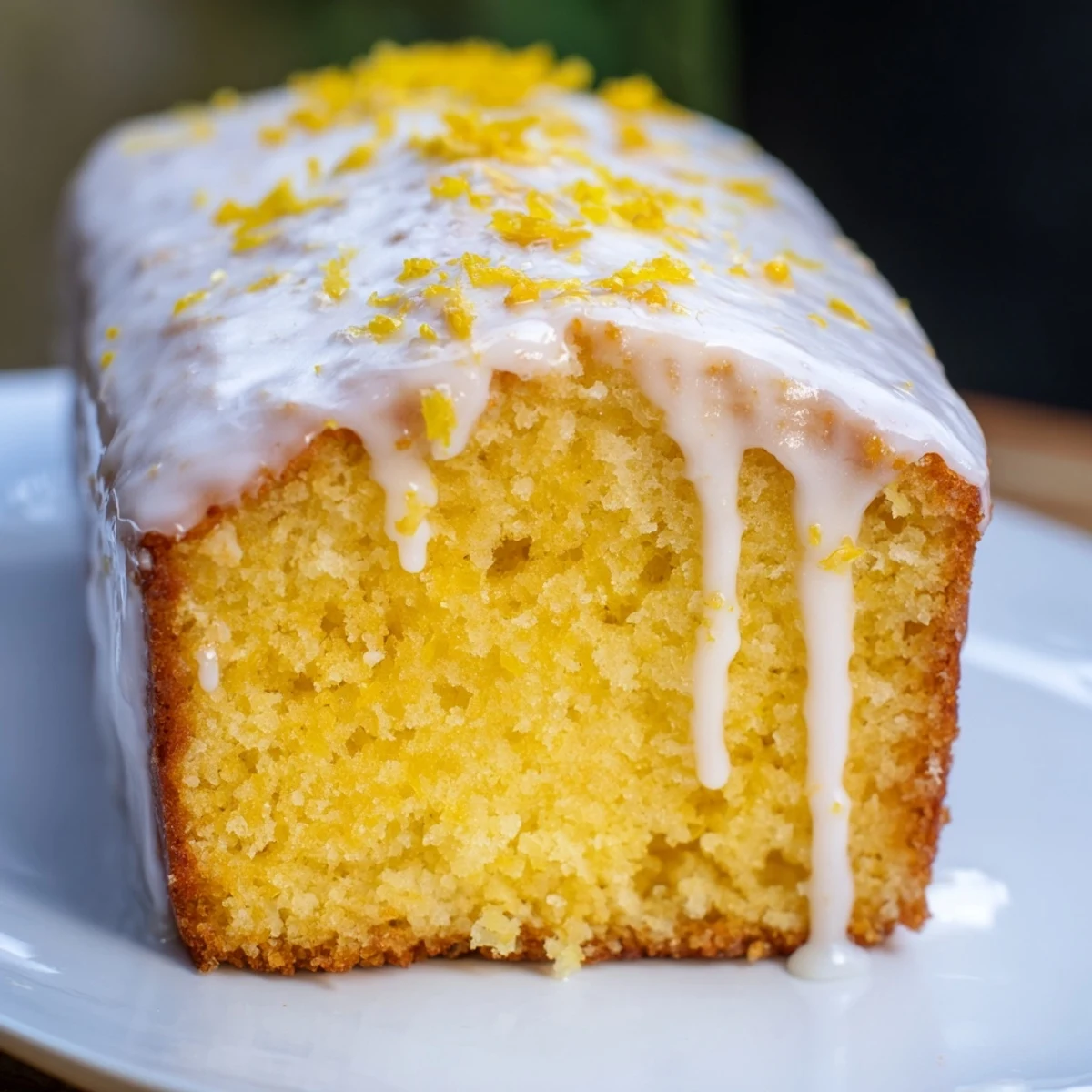 A slice of lemon loaf cake with icing shows a moist, tender crumb and glistening citrus glaze, served on a white plate.