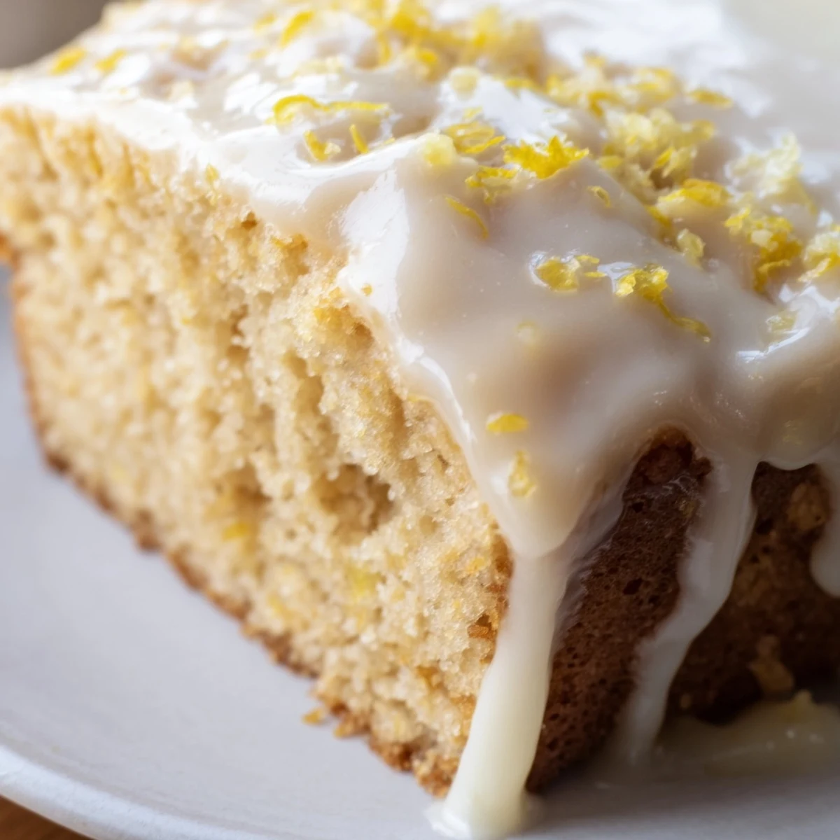 Freshly baked lemon loaf cake with icing sits on a rustic wooden board, lemon zest and sliced lemons beside it.