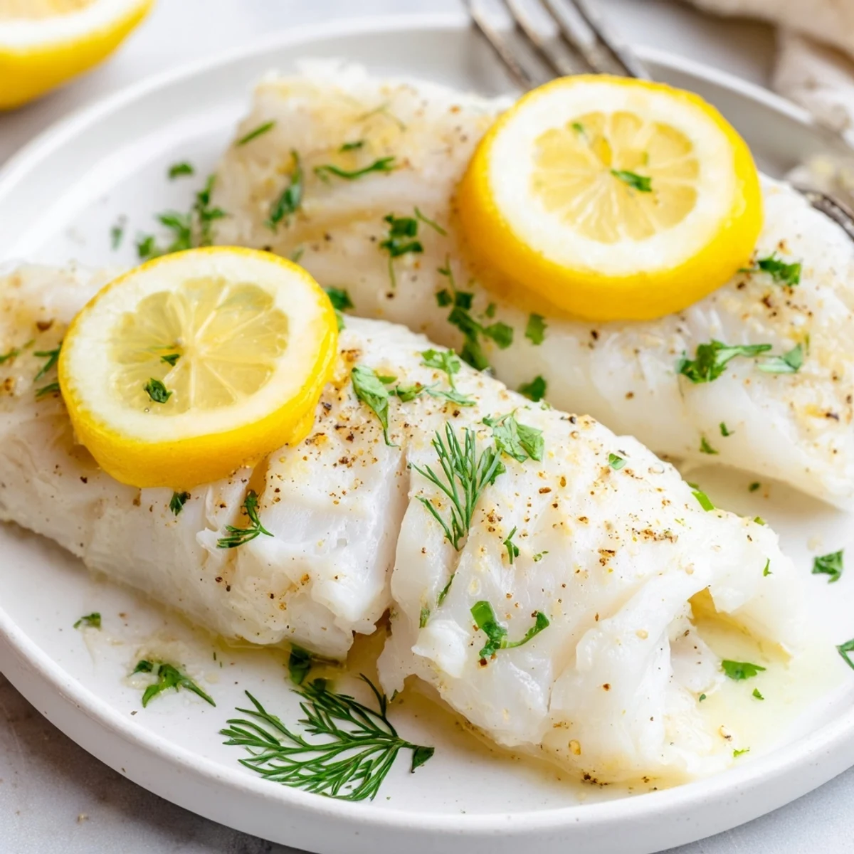Golden-baked haddock with lemon and herbs flaking tenderly on a plate with steamed green beans.
