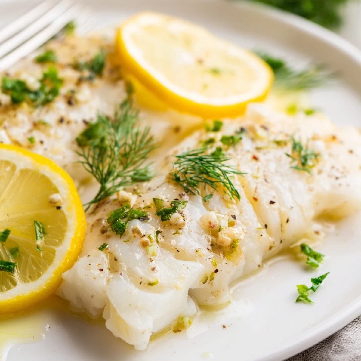 Freshly baked haddock fillets with lemon and herbs, garnished with parsley, served alongside roasted potatoes.