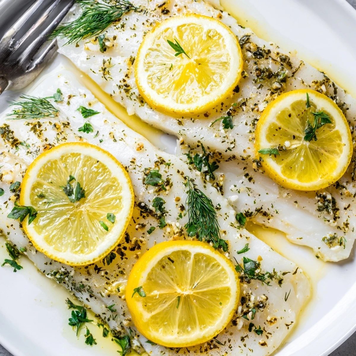 Baked haddock with lemon and herbs in a white baking dish, garnished with fresh parsley and lemon.