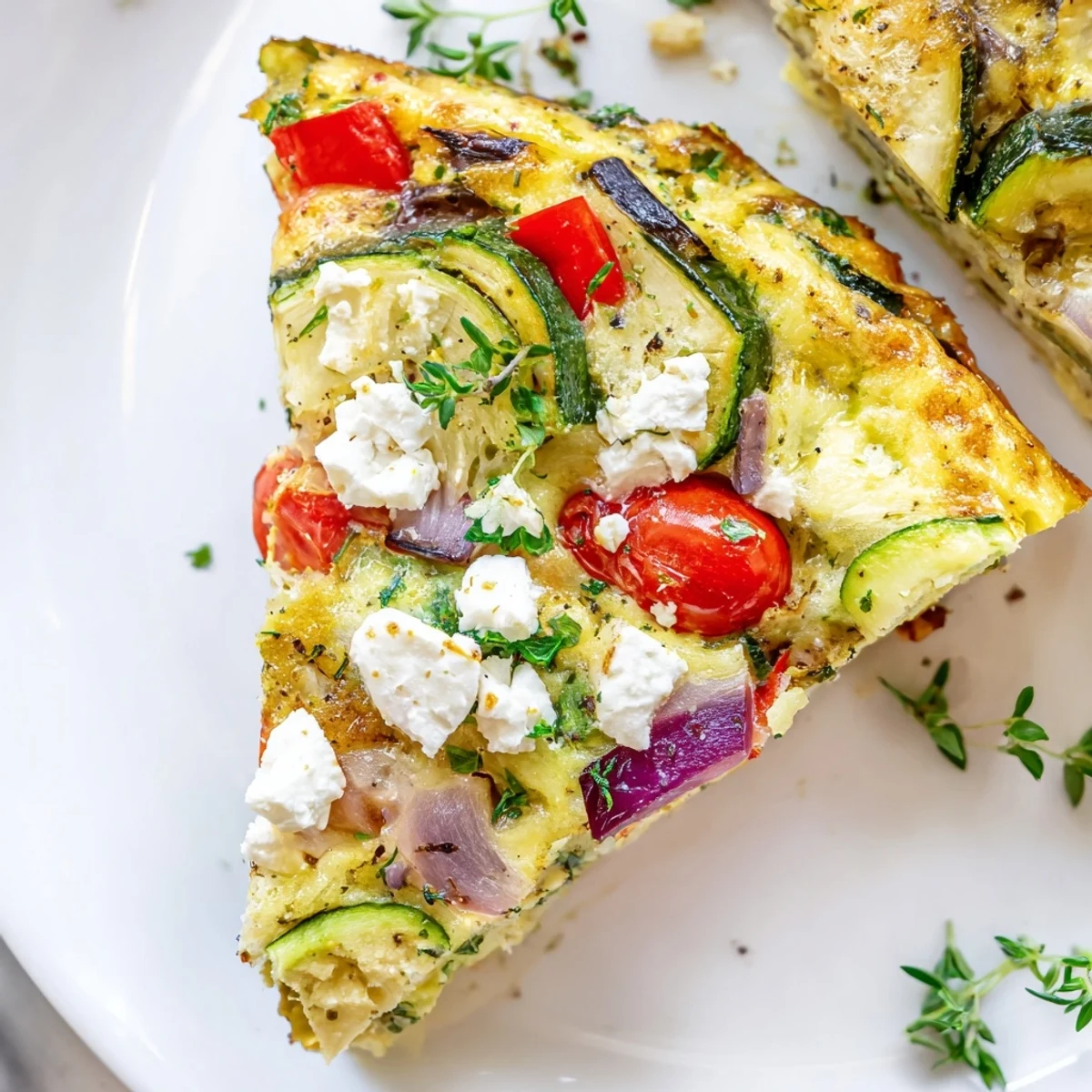 Freshly baked Roasted Vegetable Frittata with Goat Cheese steaming in a skillet, featuring caramelized peppers and zucchini.