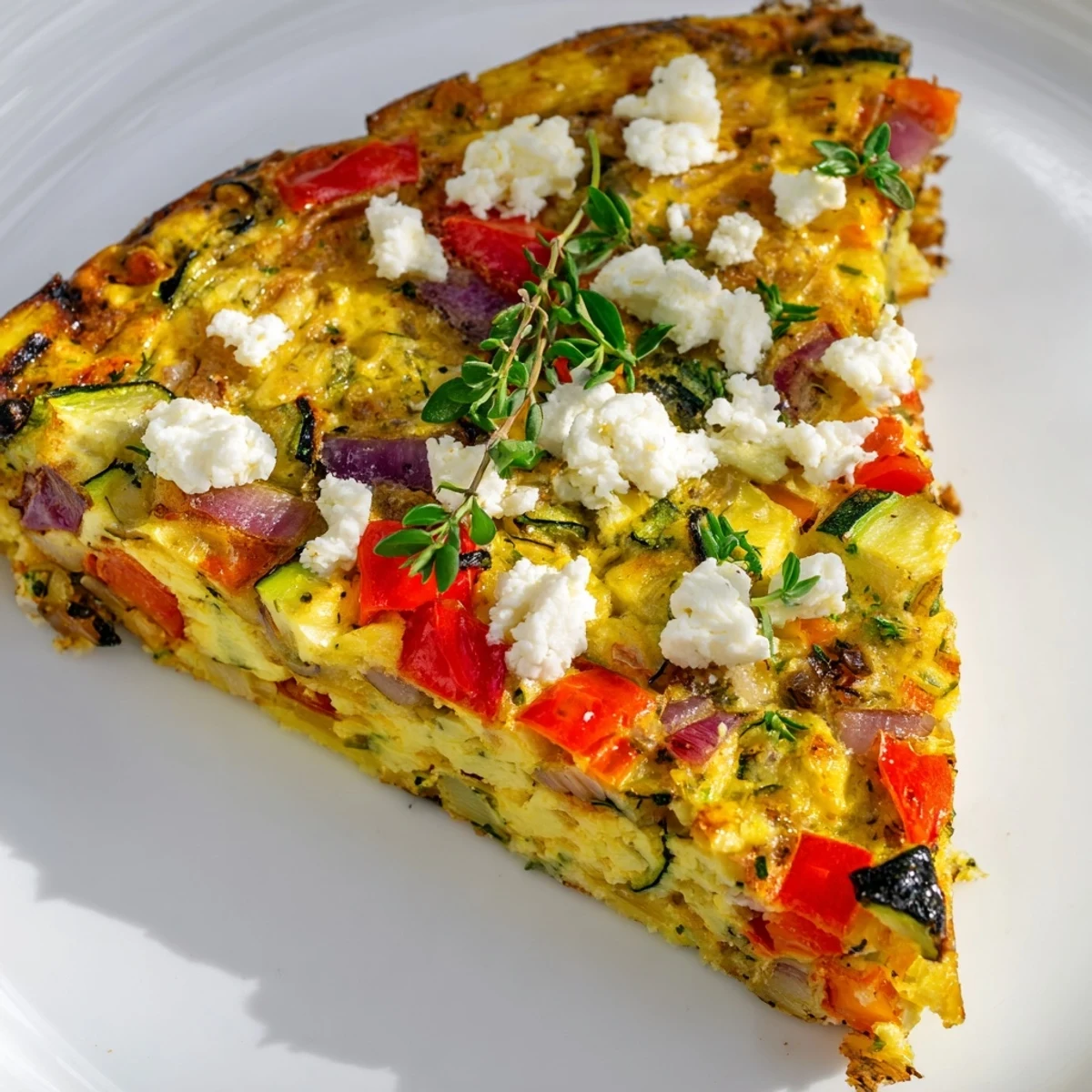 Golden slices of Roasted Vegetable Frittata with Goat Cheese on a plate, garnished with basil and served alongside a crisp salad.