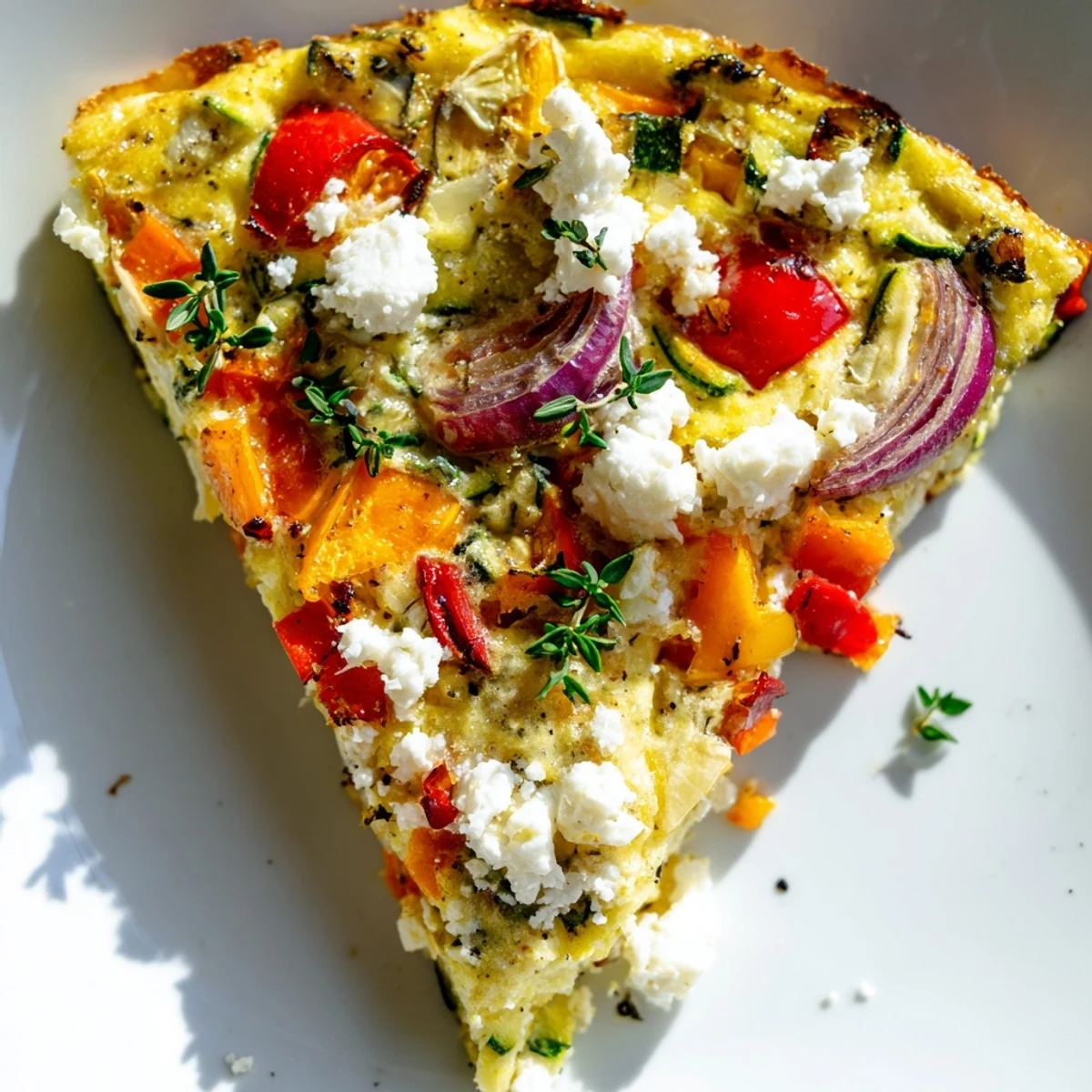 Close-up view of a savory Roasted Vegetable Frittata with Goat Cheese, highlighting creamy texture and colorful roasted vegetables.