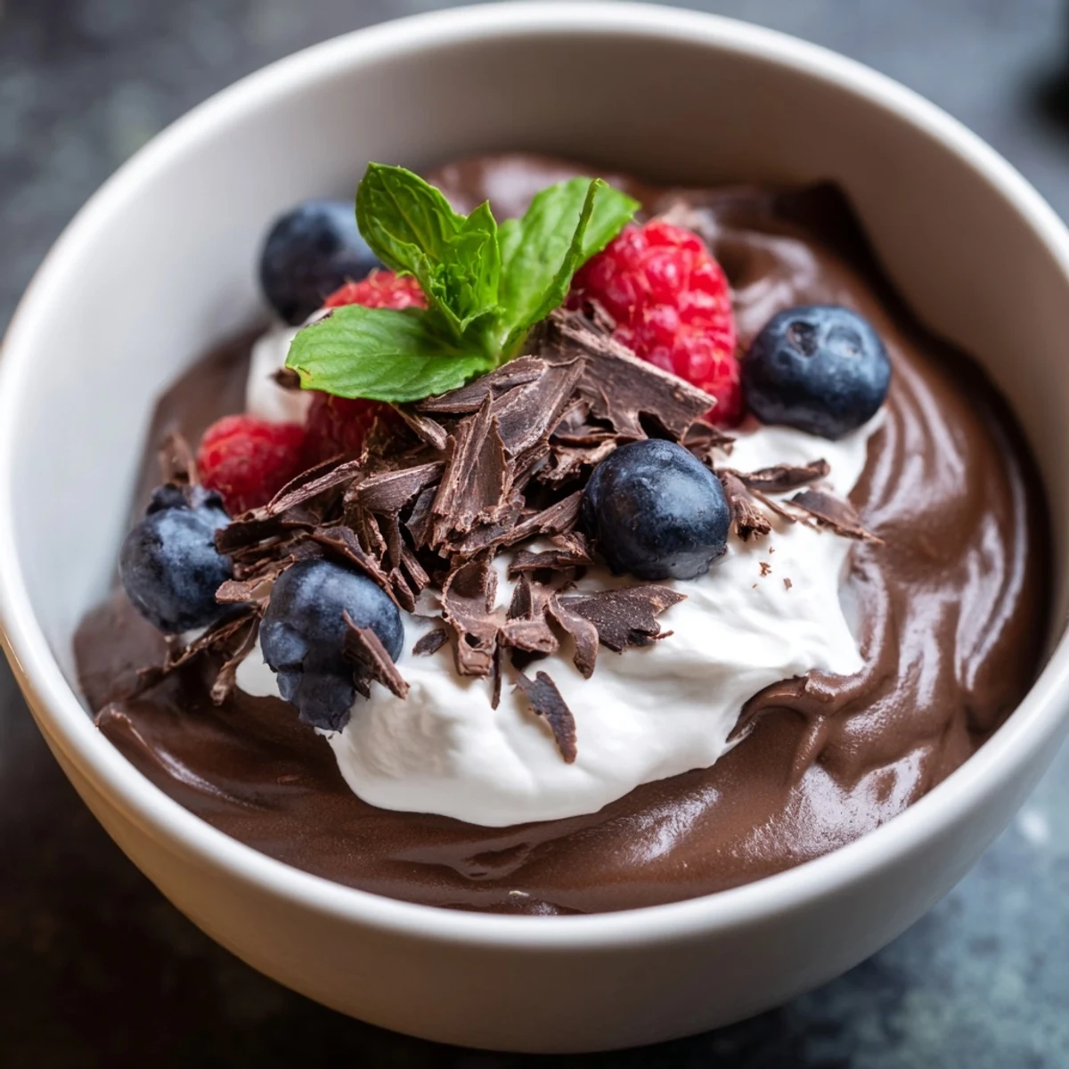 Chocolate Avocado Mousse in a glass, topped with fresh berries and mint, showcasing a creamy dairy-free dessert.