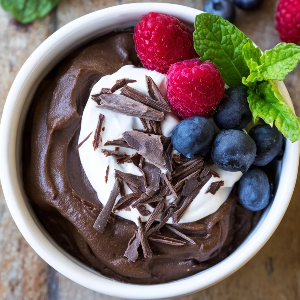 Chocolate Avocado Mousse served chilled in glasses, garnished with shaved dark chocolate and coconut whipped cream.