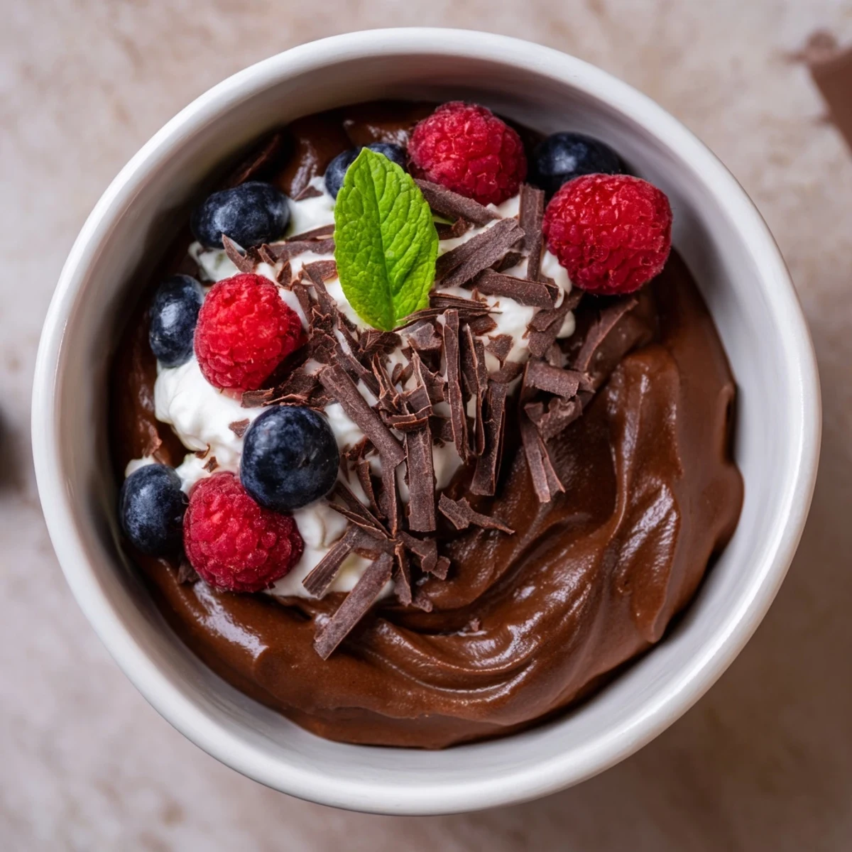 Healthy Chocolate Avocado Mousse in dessert bowls with fresh raspberries, emphasizing its smooth texture and rich cocoa.