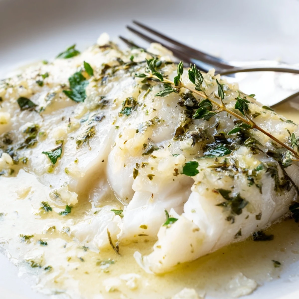 Golden-brown Baked Halibut with Garlic Butter resting in a ceramic dish, garnished with fresh parsley and lemon wedges.