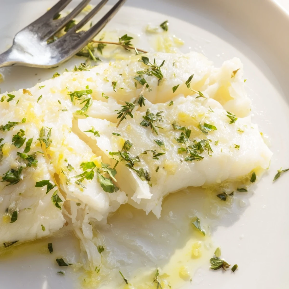 Moist Baked Halibut with Garlic Butter flaking easily, drizzled with melted butter and fresh herbs ready for serving.