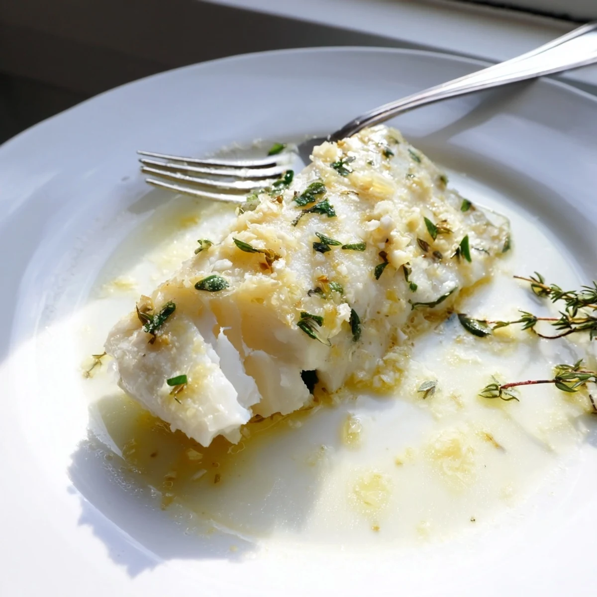 Elegant dinner platter featuring Baked Halibut with Garlic Butter, paired with steamed broccoli and a side of rice.