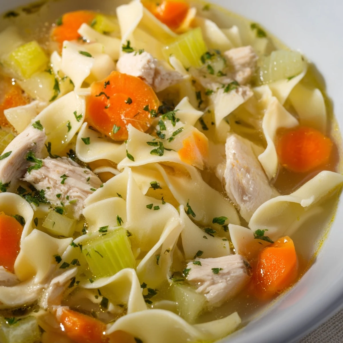 Golden Chicken Noodle Soup with Egg Noodles steams in a rustic bowl, garnished with fresh parsley, sliced carrots, and tender chicken pieces.