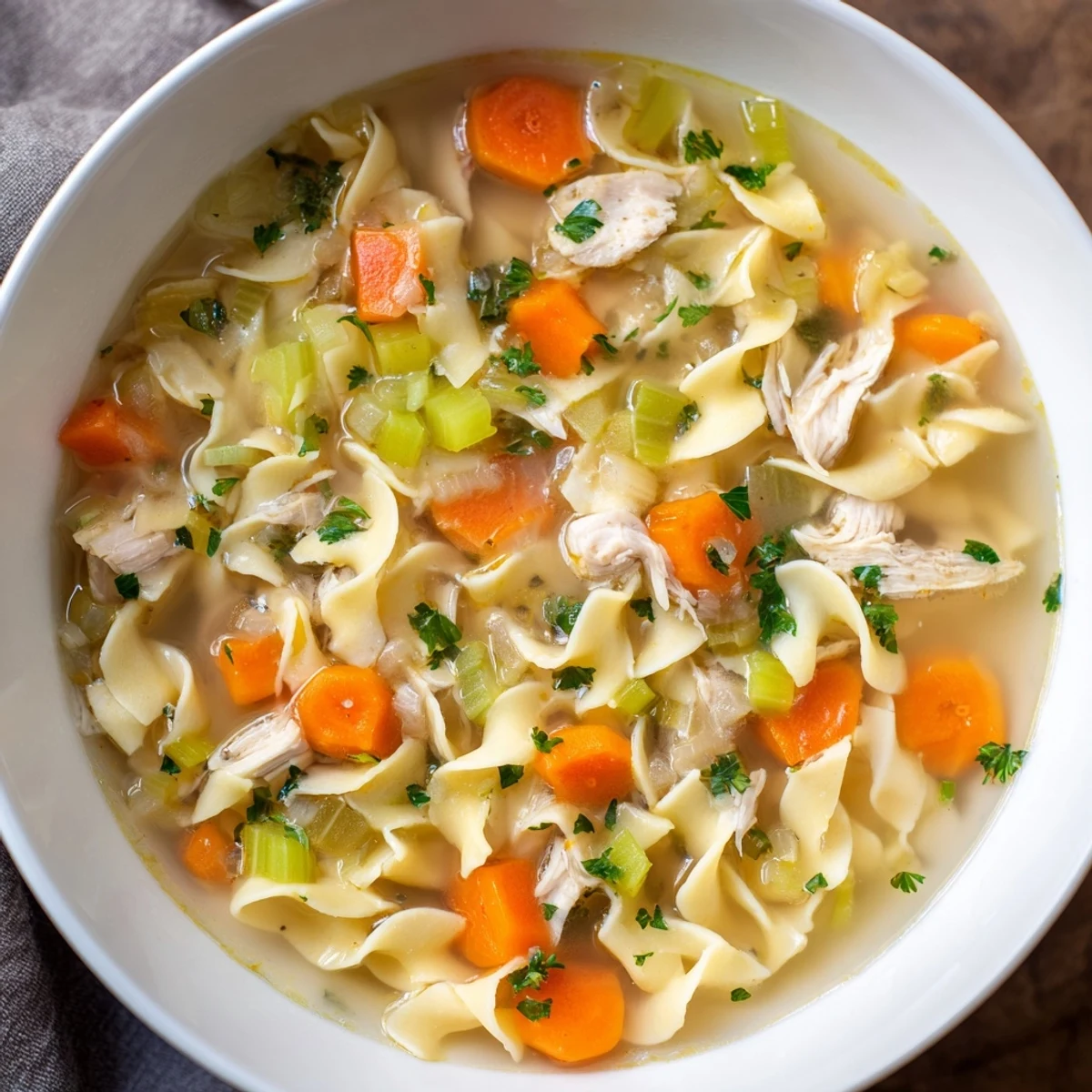Spoon dipping into a cozy bowl of homemade Chicken Noodle Soup with Egg Noodles, revealing tender chicken and bright orange carrot slices.