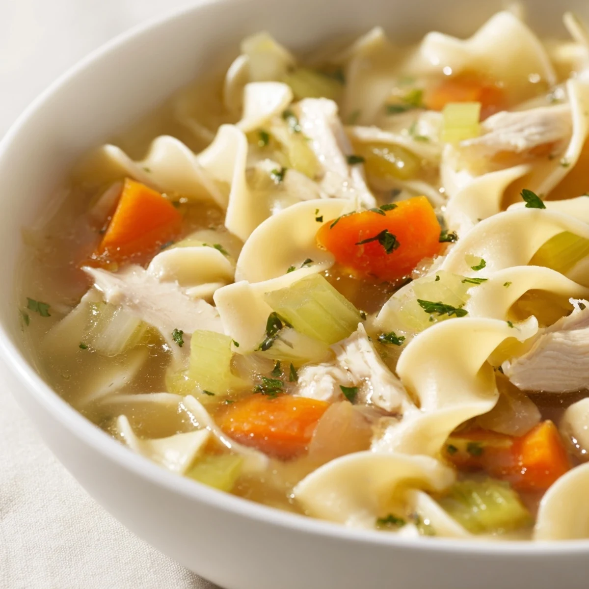 A close-up of savory Chicken Noodle Soup with Egg Noodles, featuring wide noodles and hearty vegetables swimming in a rich, golden broth.