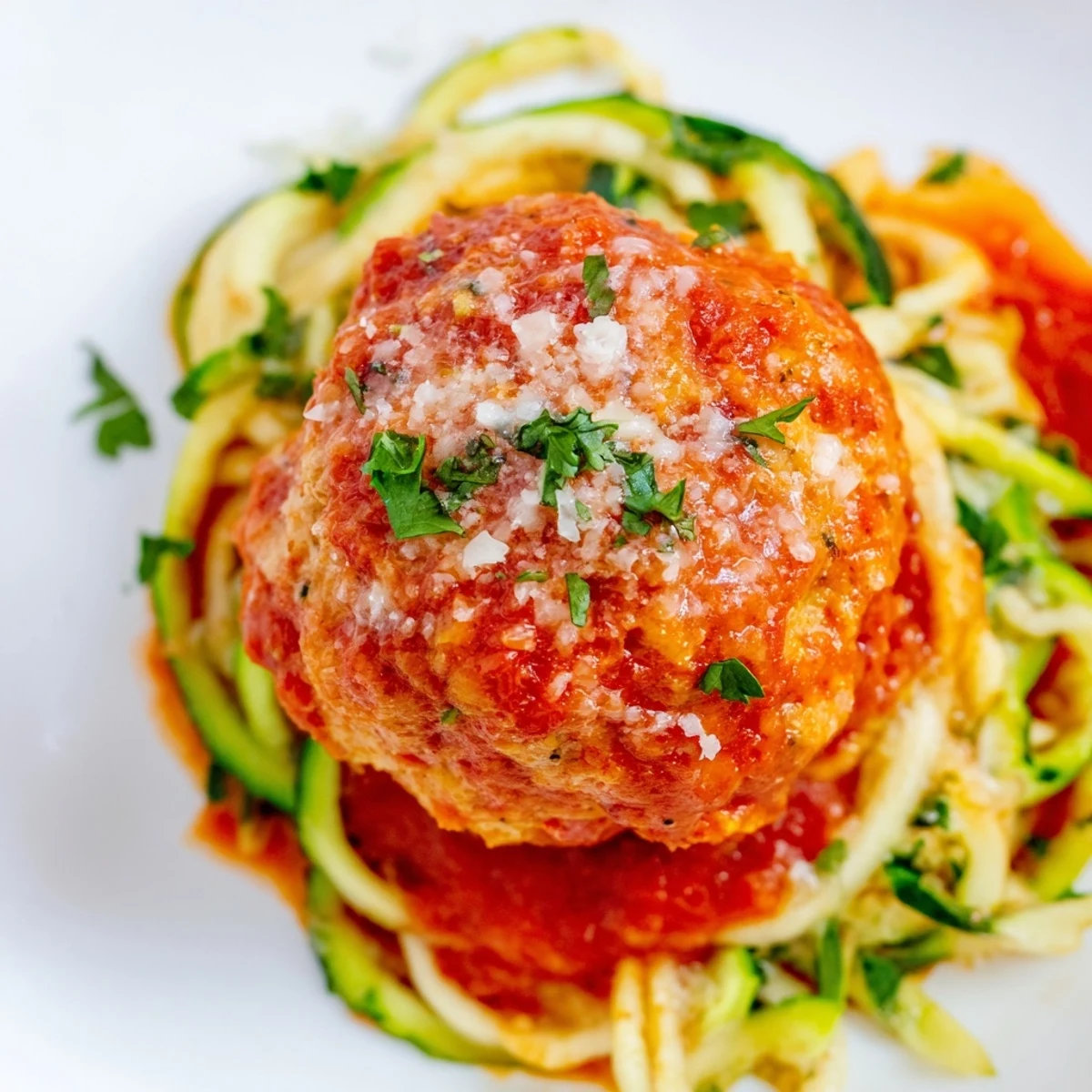 Tender spiralized zucchini noodles serve as a healthy base for savory baked turkey meatballs.