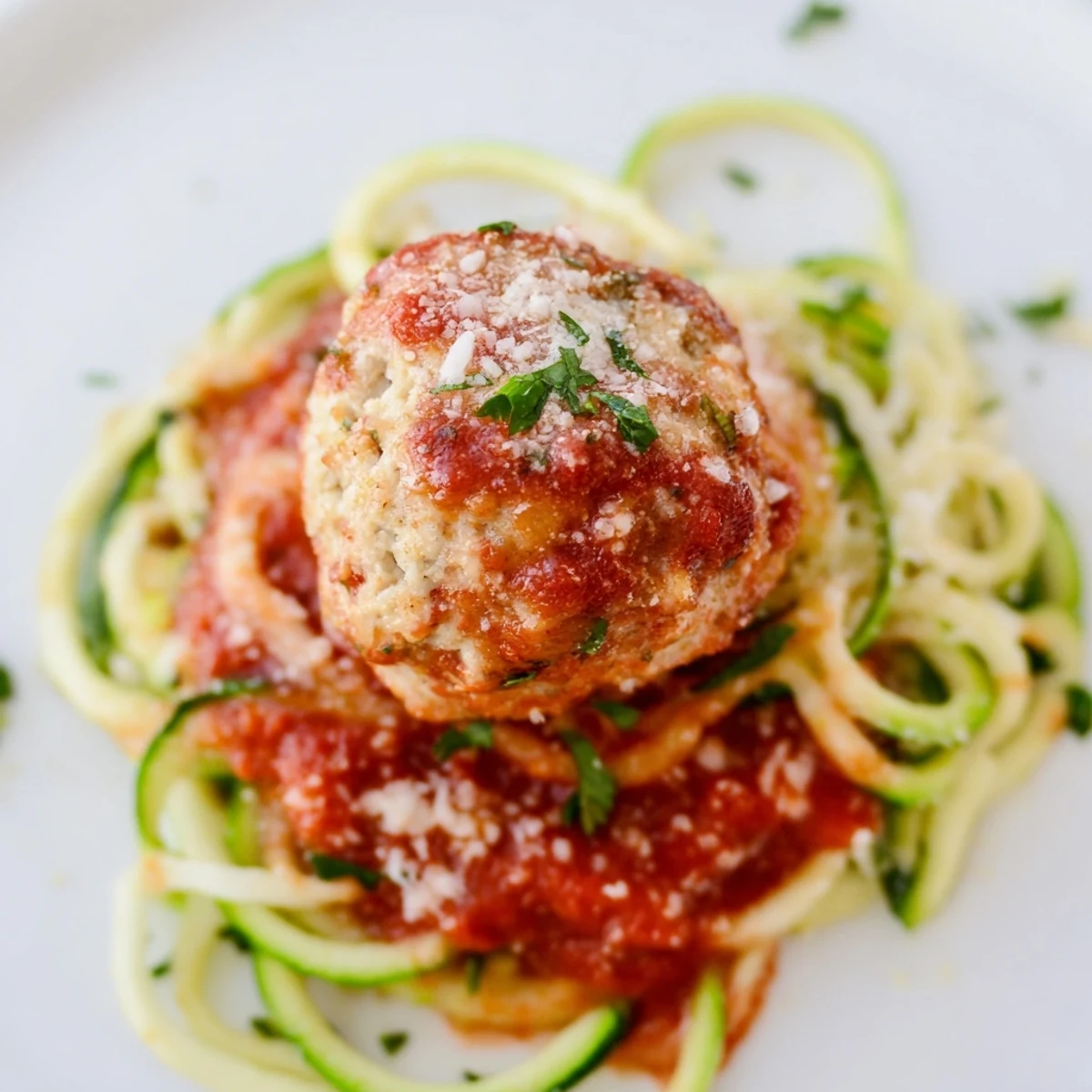 A rustic skillet presentation of turkey meatballs over zucchini noodles with fresh parsley garnish.