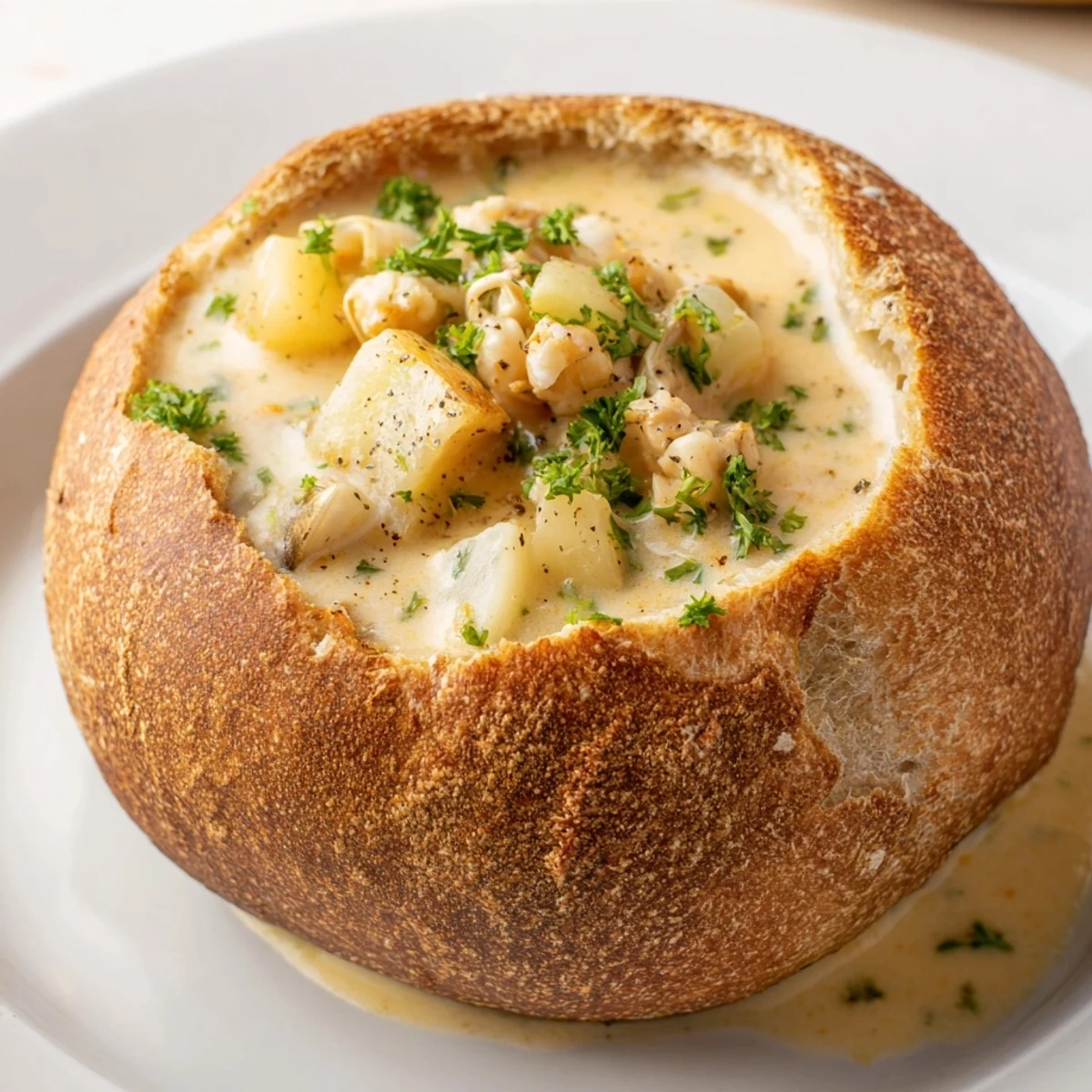 Ladle of Creamy Clam Chowder in a Sourdough Bowl with tender clams and potatoes on a rustic table.