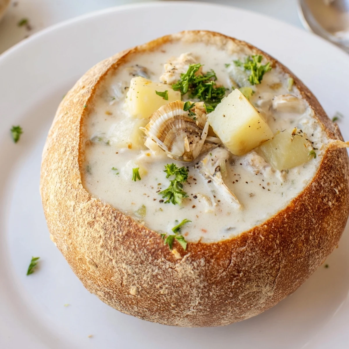 Creamy Clam Chowder in a Sourdough Bowl, steaming hot and served in a crusty bread shell.