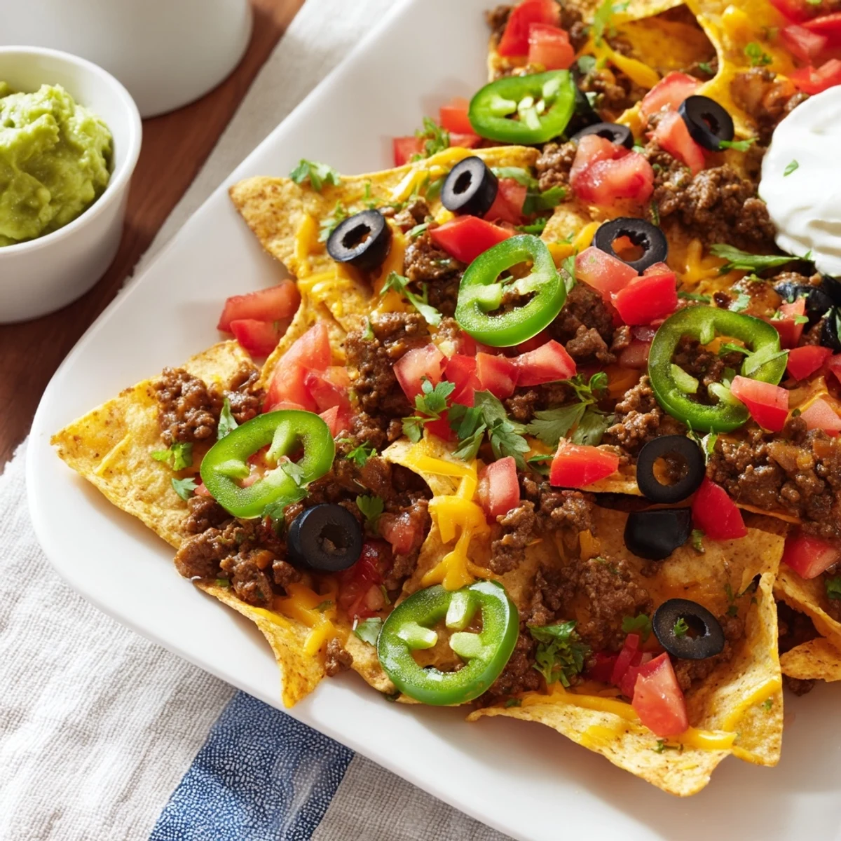 Beef Nachos with Jalapenos and Cheese are baked until golden, with melty cheddar on crispy chips and spicy peppers.