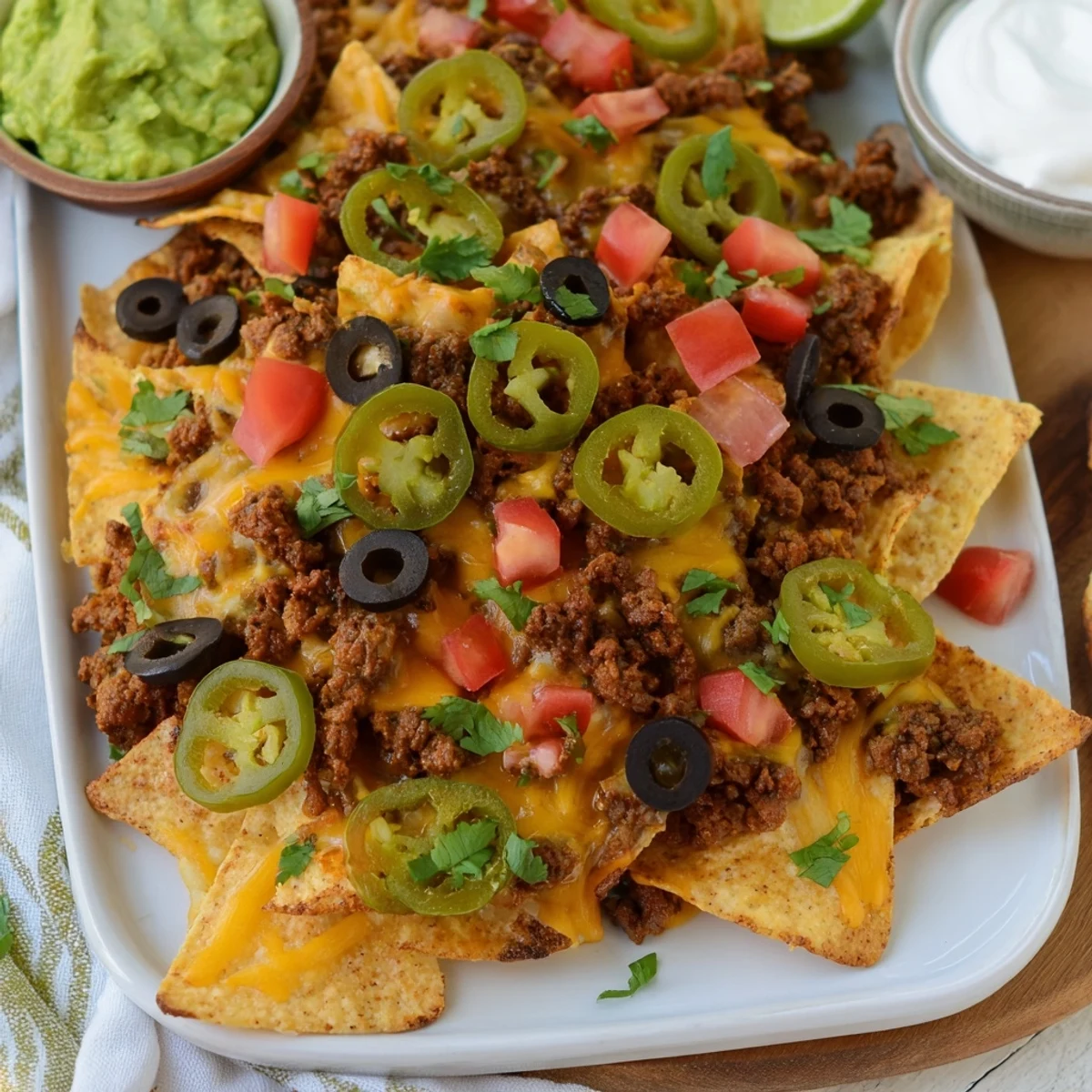 Sizzling seasoned ground beef and Monterey Jack melt over tortilla chips for Beef Nachos with Jalapenos and Cheese.