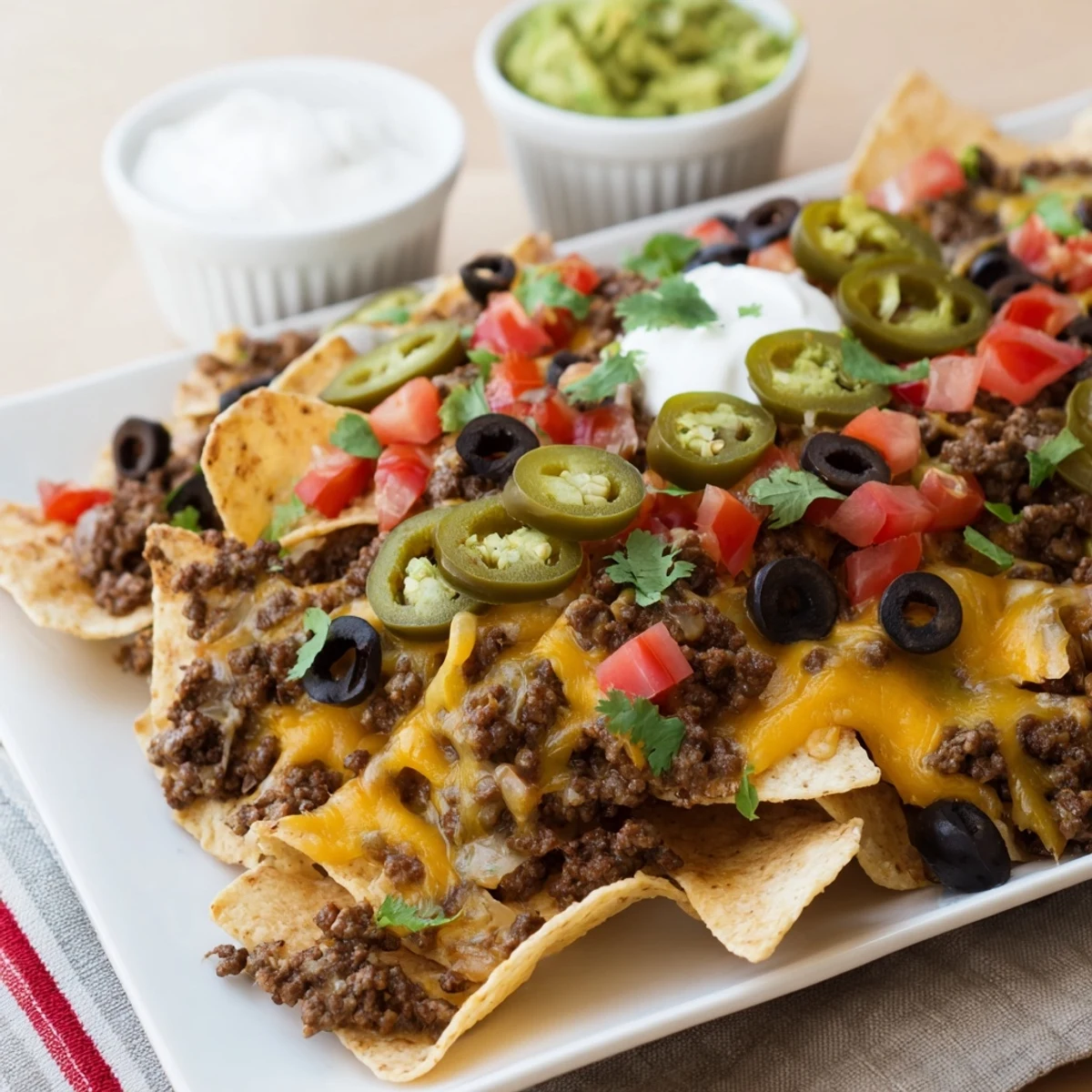 Serve these crowd-pleasing Beef Nachos with Jalapenos and Cheese alongside cool sour cream and fresh guacamole.