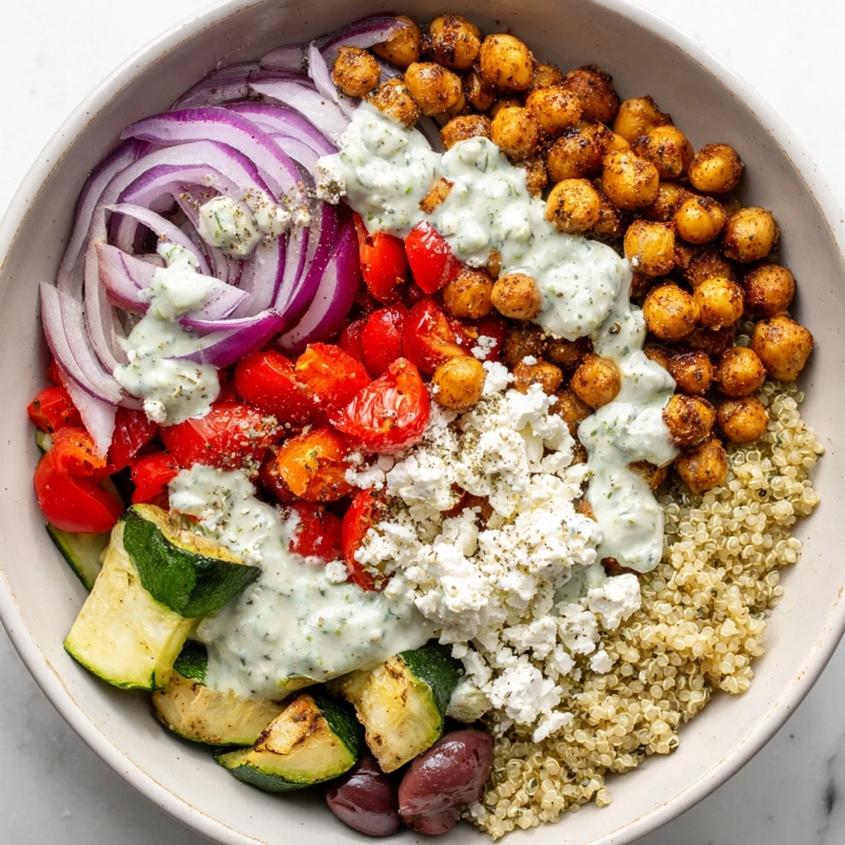 A vibrant Mediterranean Dinner Bowl with roasted vegetables, chickpeas, and quinoa, topped with creamy herby yogurt sauce.