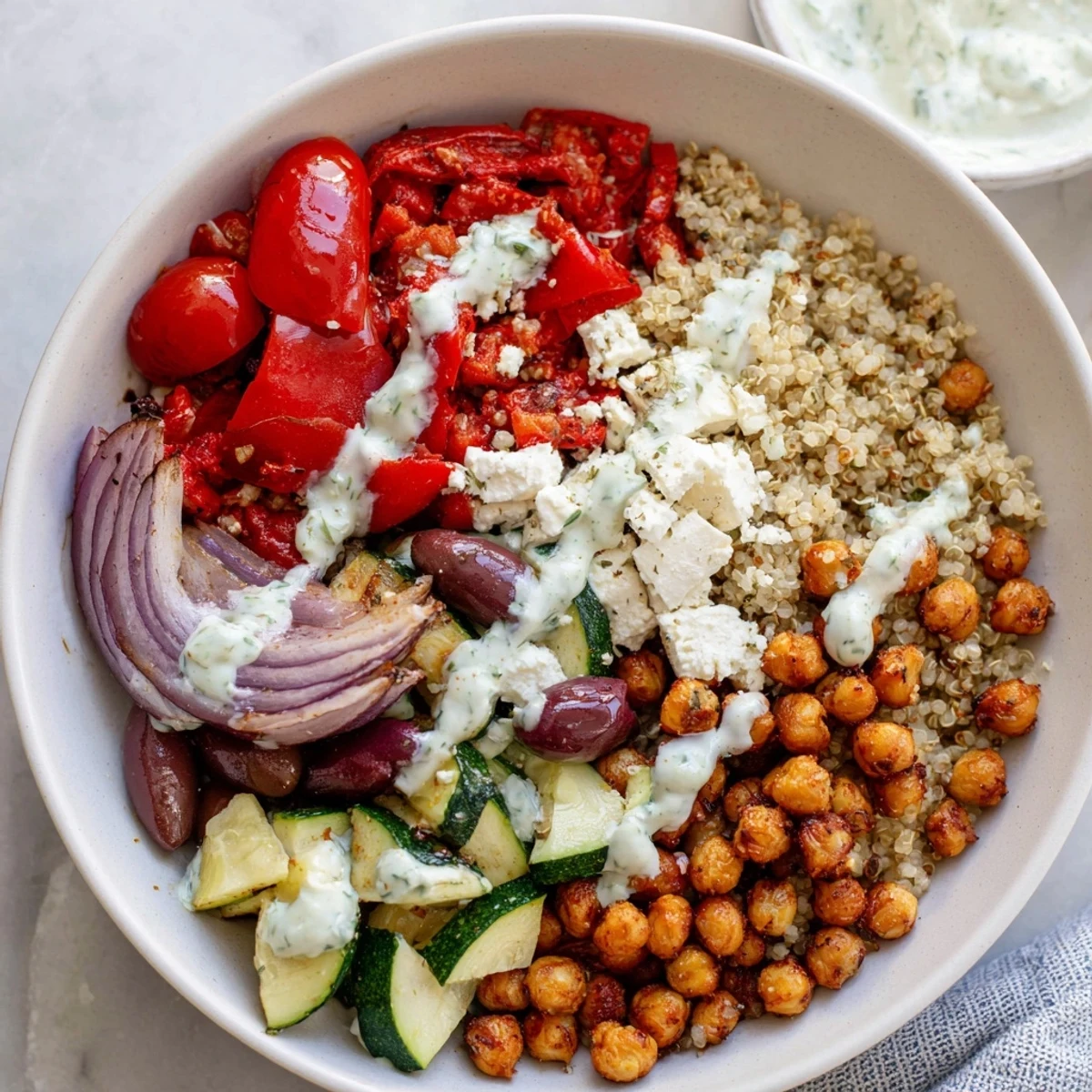 Colorful roasted zucchini, bell peppers, and red onions join crispy chickpeas and feta in this Mediterranean Dinner Bowl.