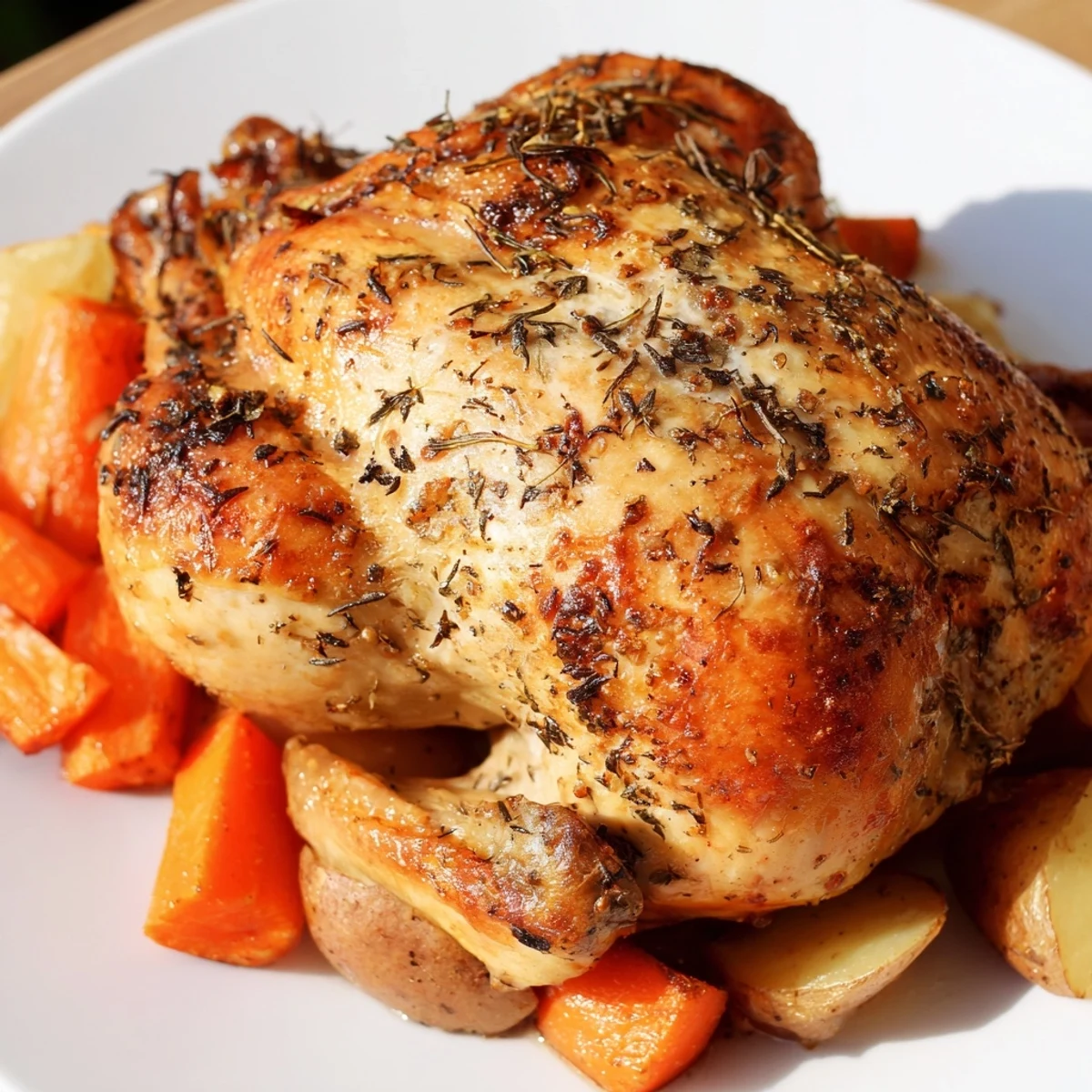 Golden-brown roasted chicken dinner with potatoes, carrots, and herbs resting on a rustic platter.