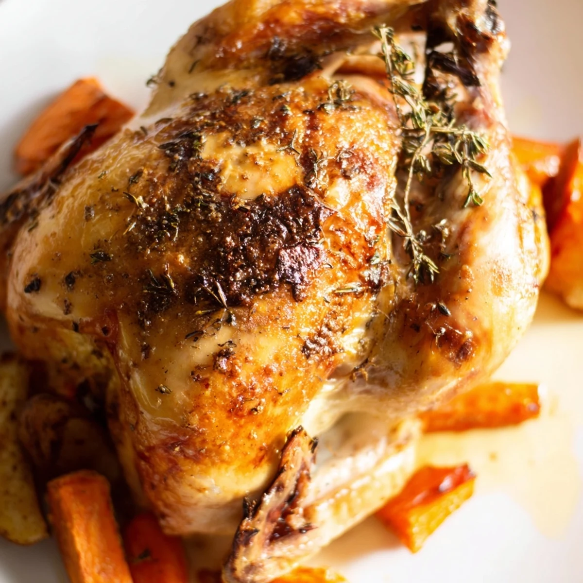 Juicy Chicken Dinner Roast plated with tender carrots, potatoes, and fresh rosemary garnish for a family meal.