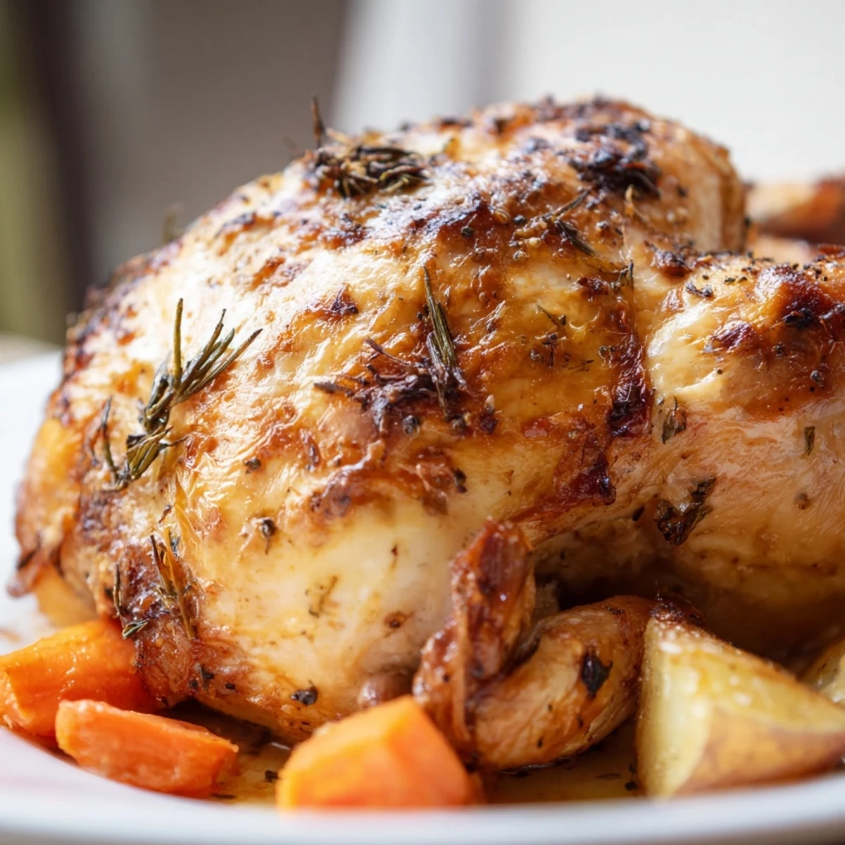 Aromatic Chicken Dinner Roast served with roasted root vegetables and pan juices in a cozy kitchen.