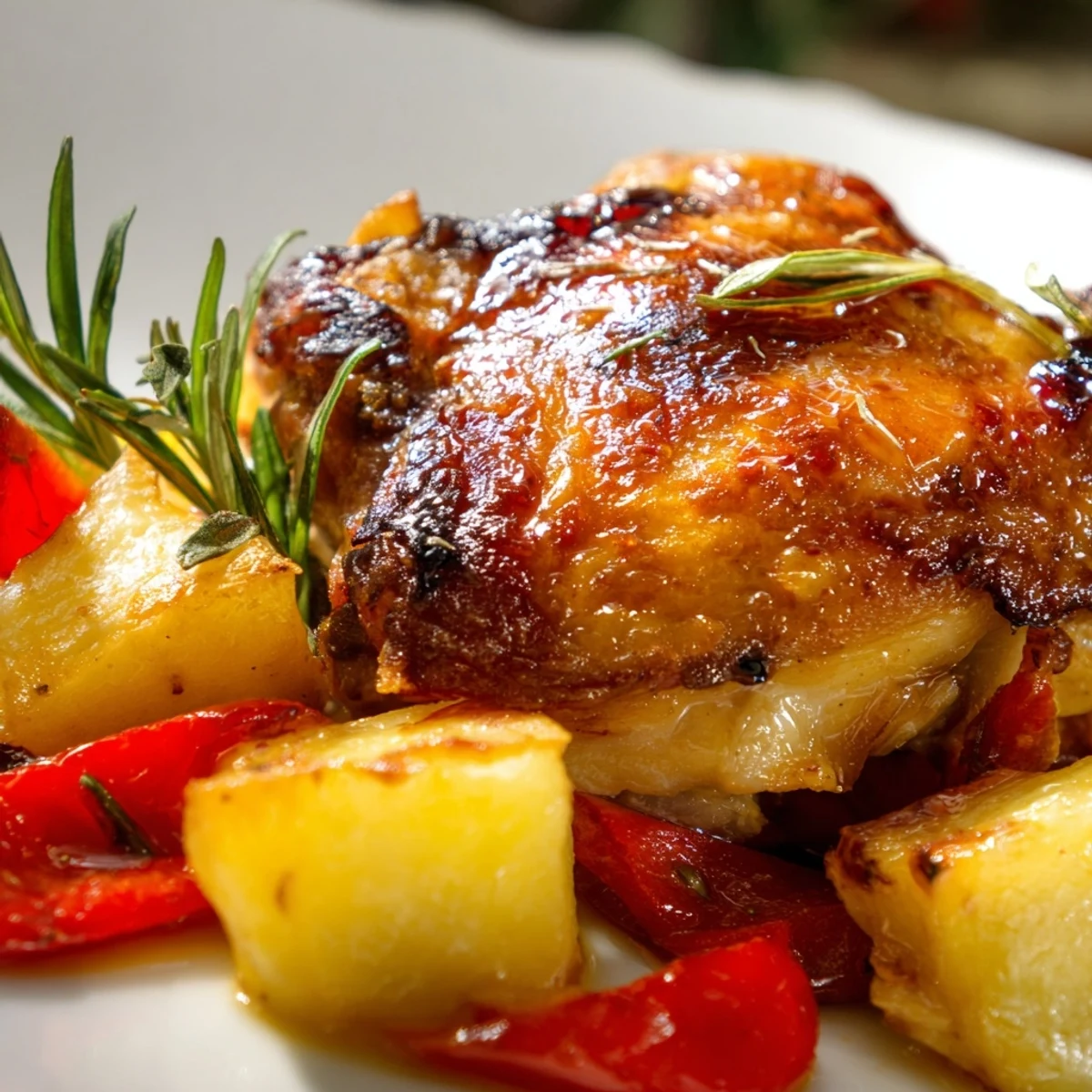 Golden roasted chicken thighs with rosemary and thyme rest atop caramelized potatoes, carrots, and red onion wedges in this savory dinner.