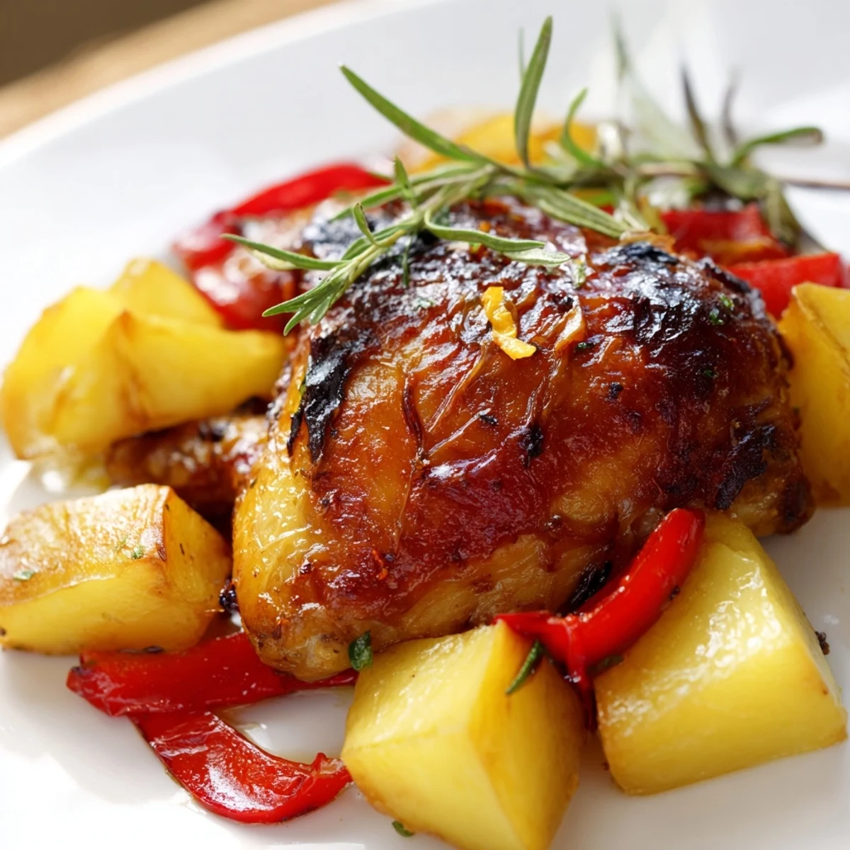 Juicy bone-in chicken thighs with crispy skin share a baking sheet with tender roasted vegetables in this easy weeknight dinner.
