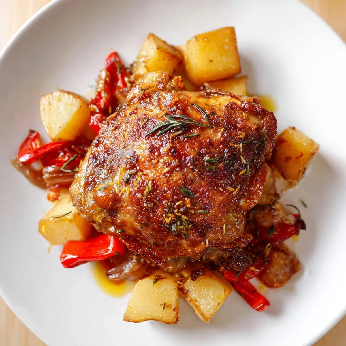 A rustic one-pan Roasted Dinner Pan meal with blistered cherry tomatoes and bell peppers, served hot with fresh thyme garnish.