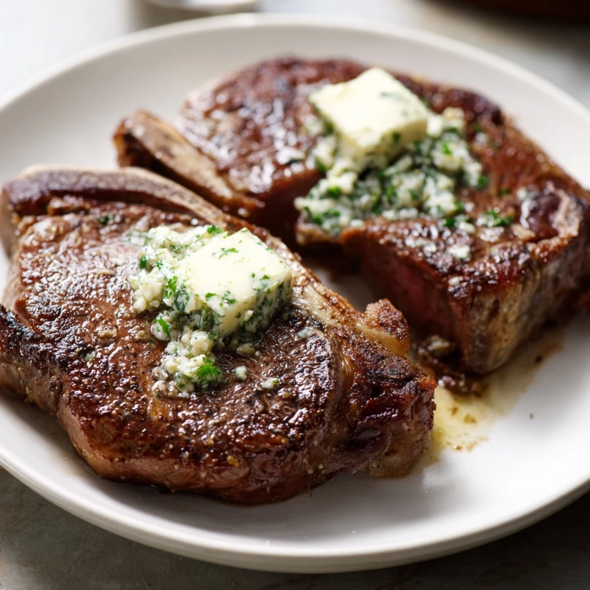 Sizzling beef steak in a cast iron skillet, topped with melted parsley and thyme butter for a flavorful American meal.