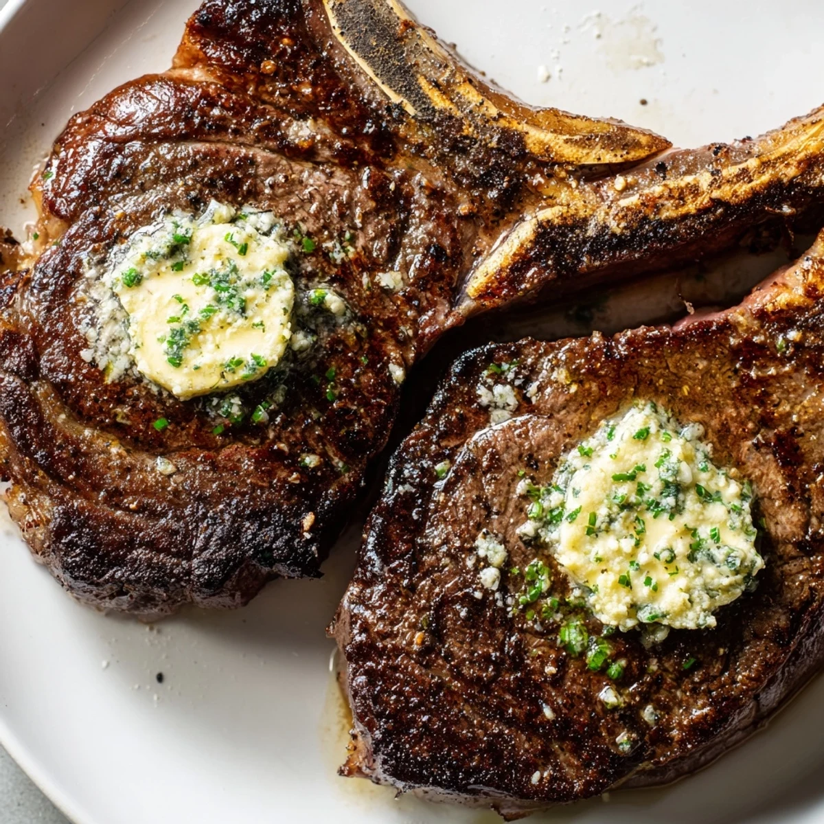 Freshly seared ribeye steak with garlic herb butter melting over the top, served on a warm plate for a juicy dinner.