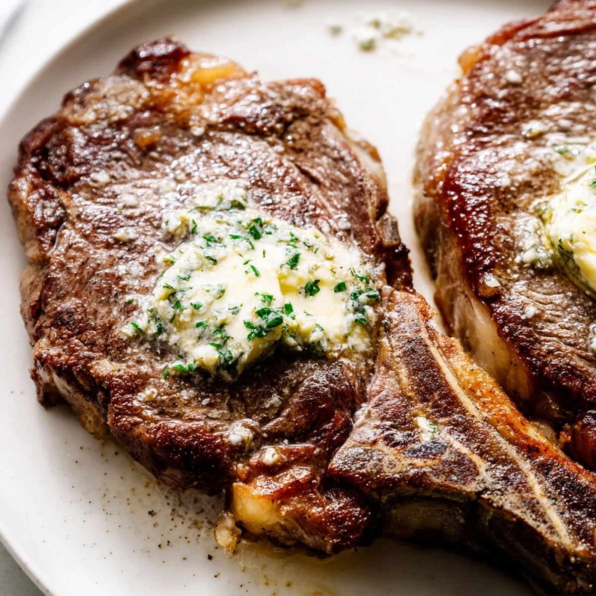 Slice of perfectly cooked medium-rare steak drizzled with garlic butter, paired with mashed potatoes and fresh herbs.