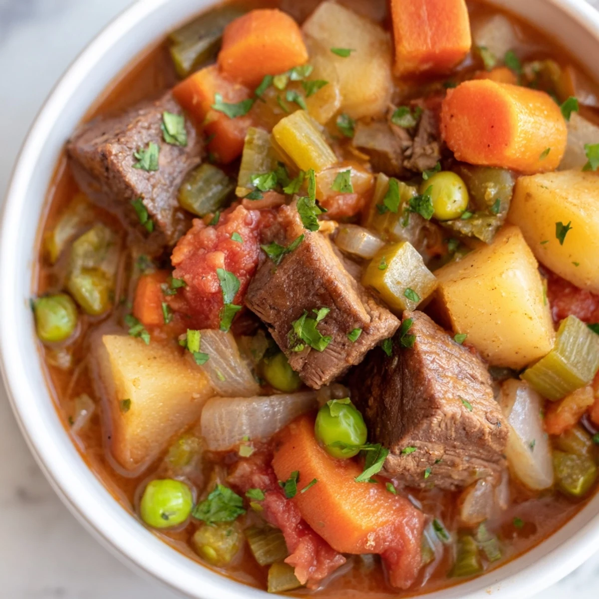 Slow Cooker Dinner Pot with tender beef and root vegetables steaming in a savory tomato broth.