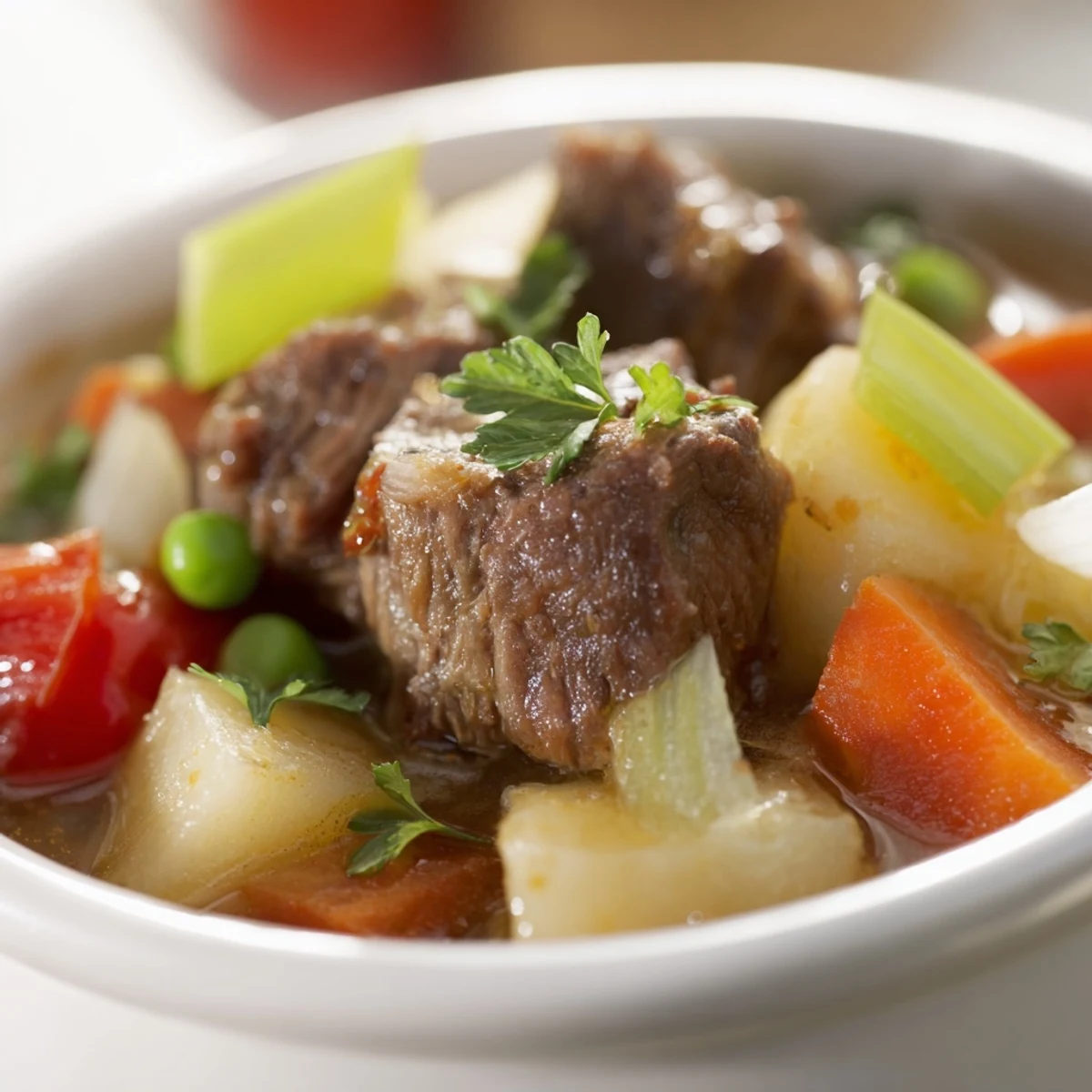 Hearty gluten-free Slow Cooker Dinner Pot served in a white bowl with fresh parsley garnish.
