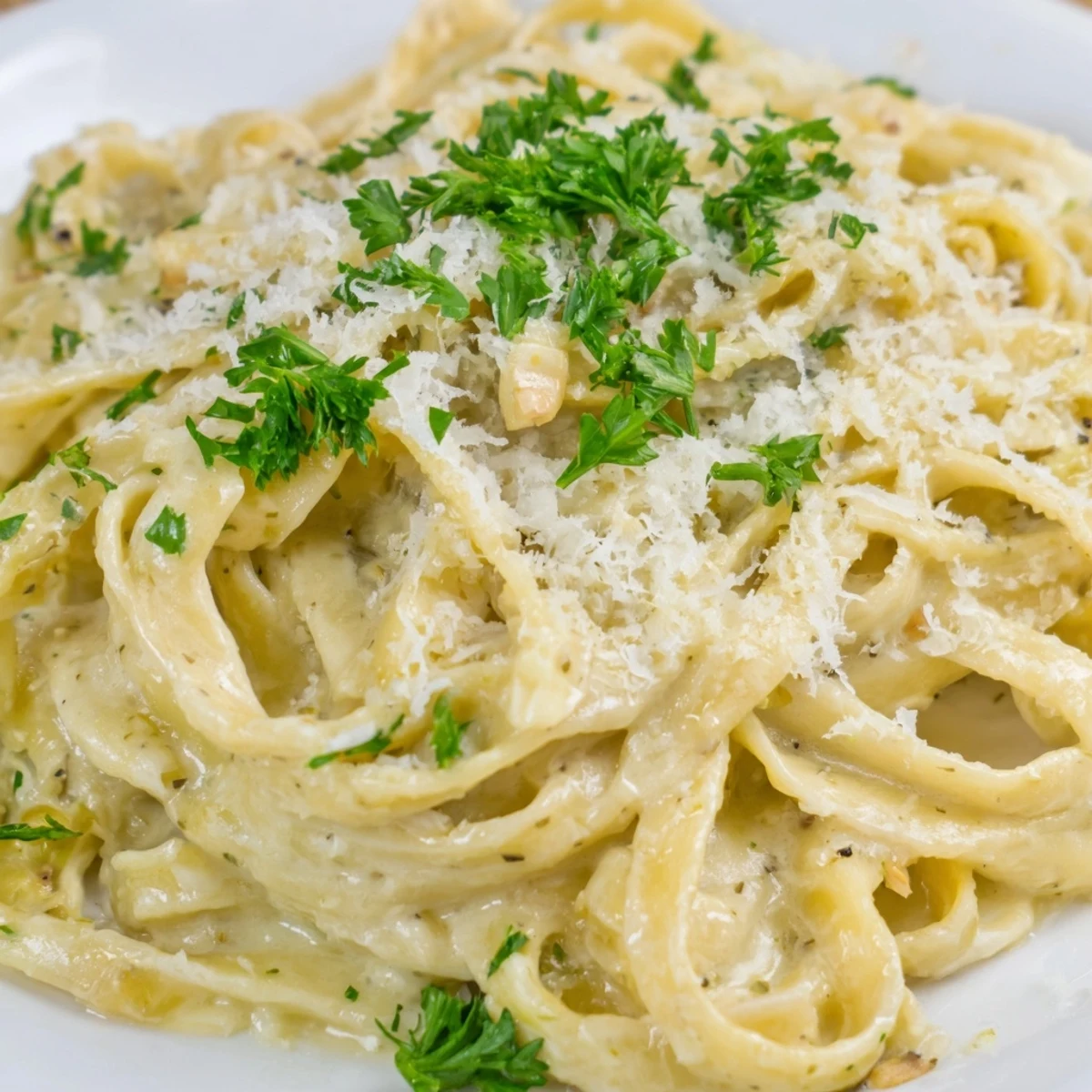 Creamy Dinner Pasta in a white bowl, twirled with a fork, garnished with fresh parsley and extra Parmesan for a cozy dinner.