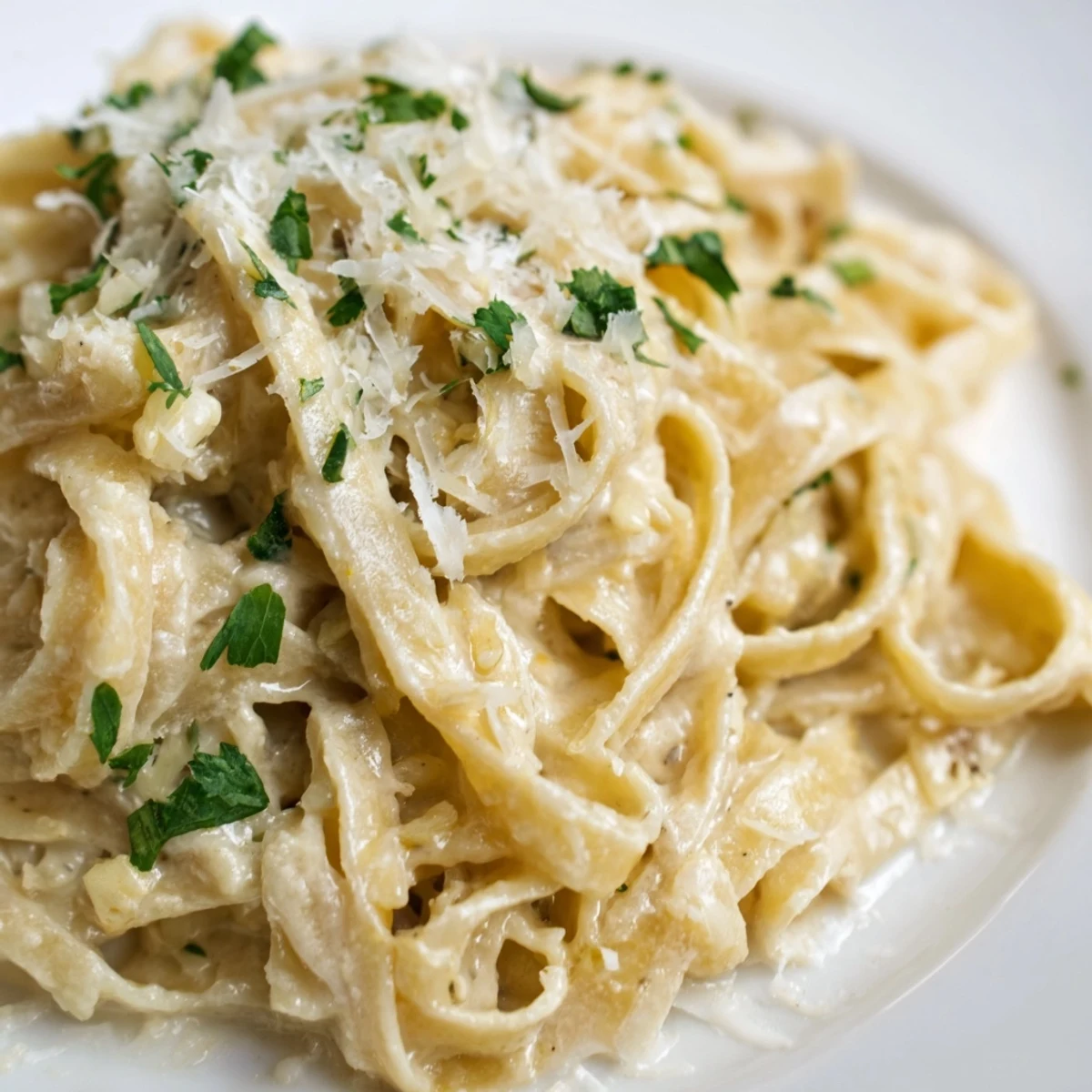 Close-up of Creamy Dinner Pasta with tender noodles coated in garlic cream sauce, served with a glass of white wine for weeknights.