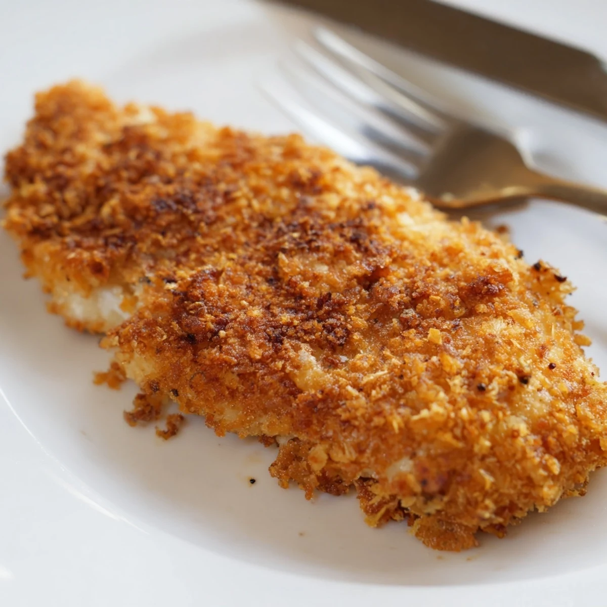 Sizzling, golden-brown Crispy Dinner Chicken breast fresh from the skillet with visible crunchy breading.