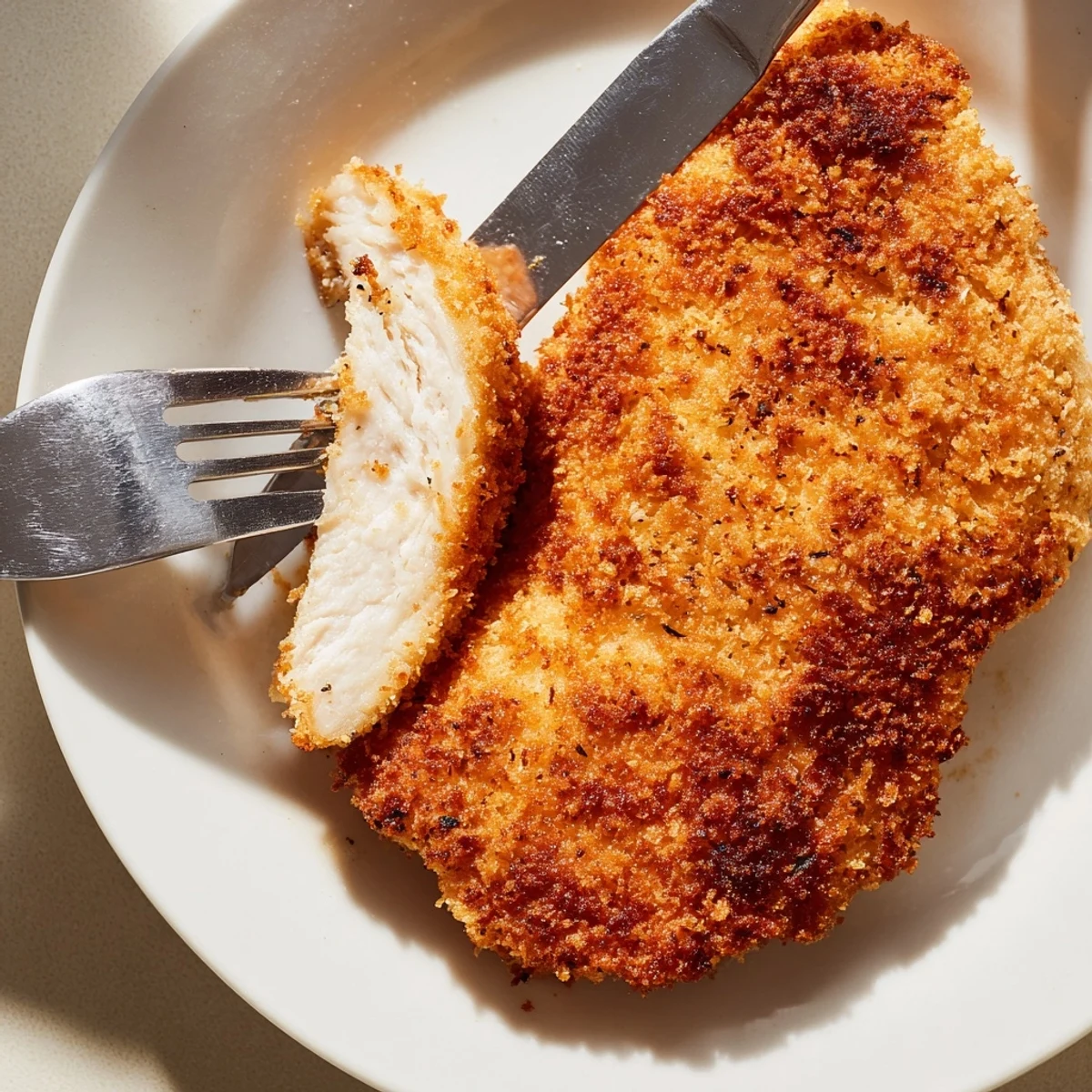 Crispy Dinner Chicken breast with golden panko crust, drizzled with lemon and served with green salad.