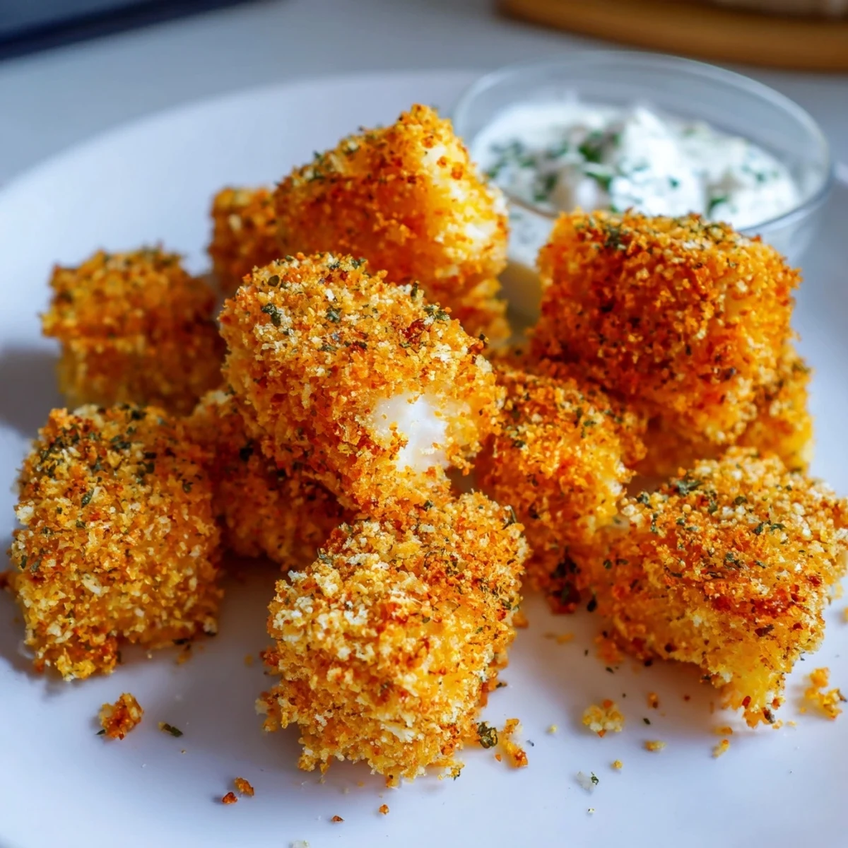 Crispy golden Baked Fish Appetizer Bites on a platter with fresh lemon wedges for serving.