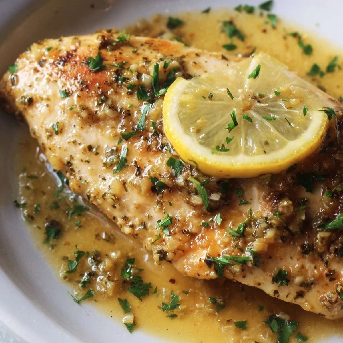 Golden-brown seared Lemon Dinner Chicken breasts coated in a glossy lemon-garlic sauce, topped with fresh parsley.
