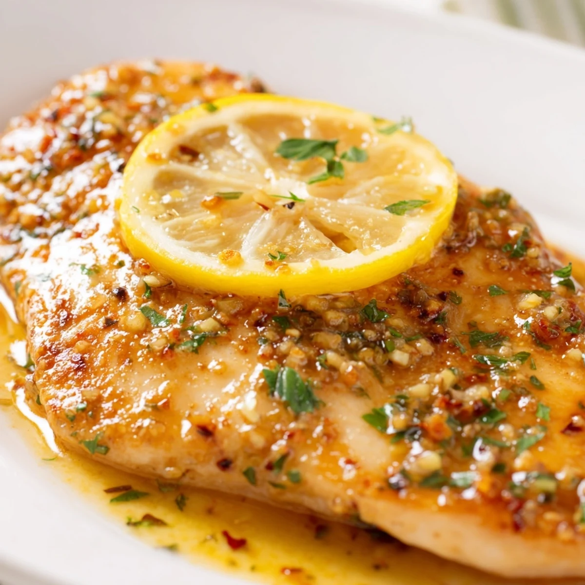 Tender sliced Lemon Dinner Chicken drizzled with tangy pan sauce, served family-style for a Mediterranean-inspired dinner.