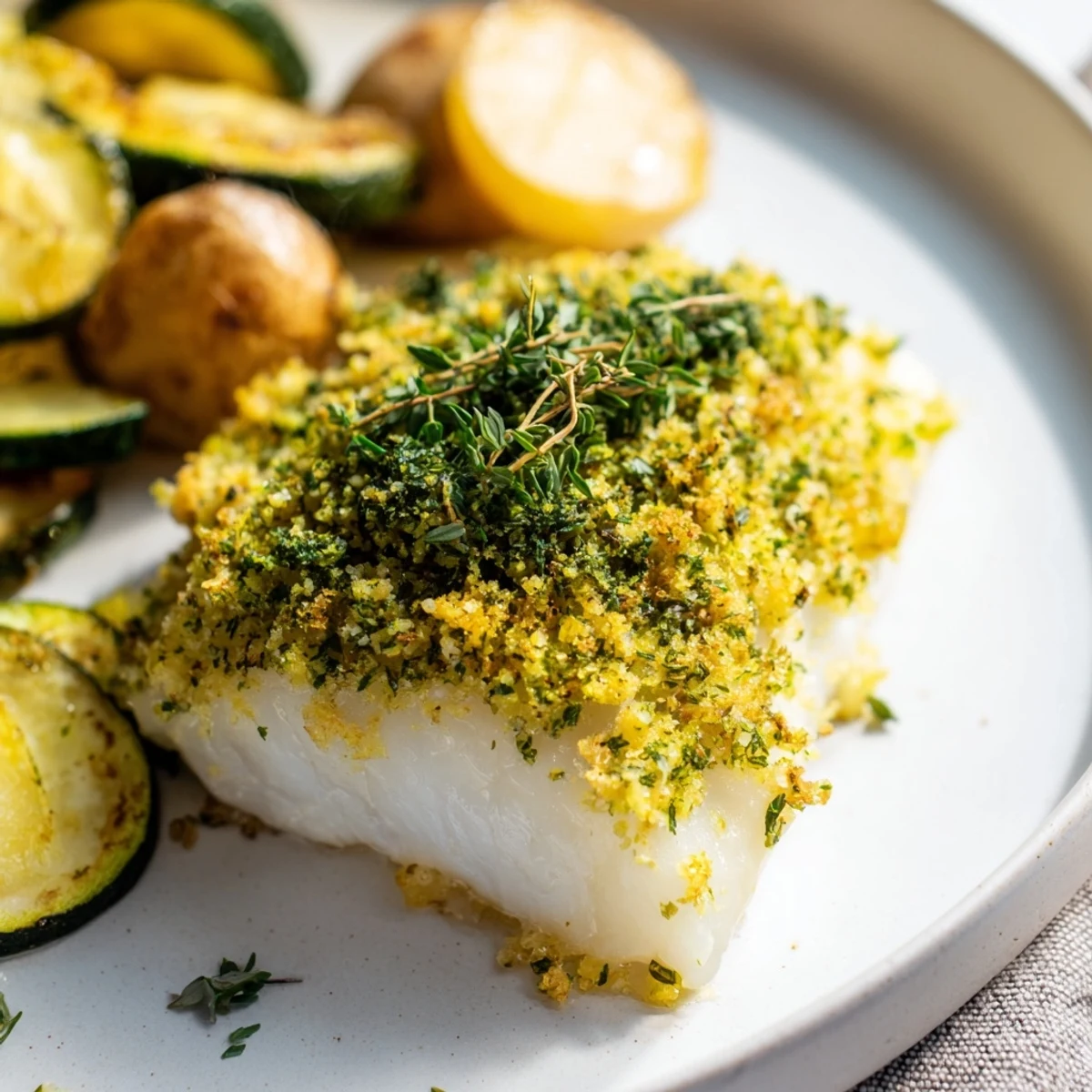 Freshly baked cod fillet with lemon-herb crust served alongside roasted carrots, potatoes, and zucchini on a baking sheet.